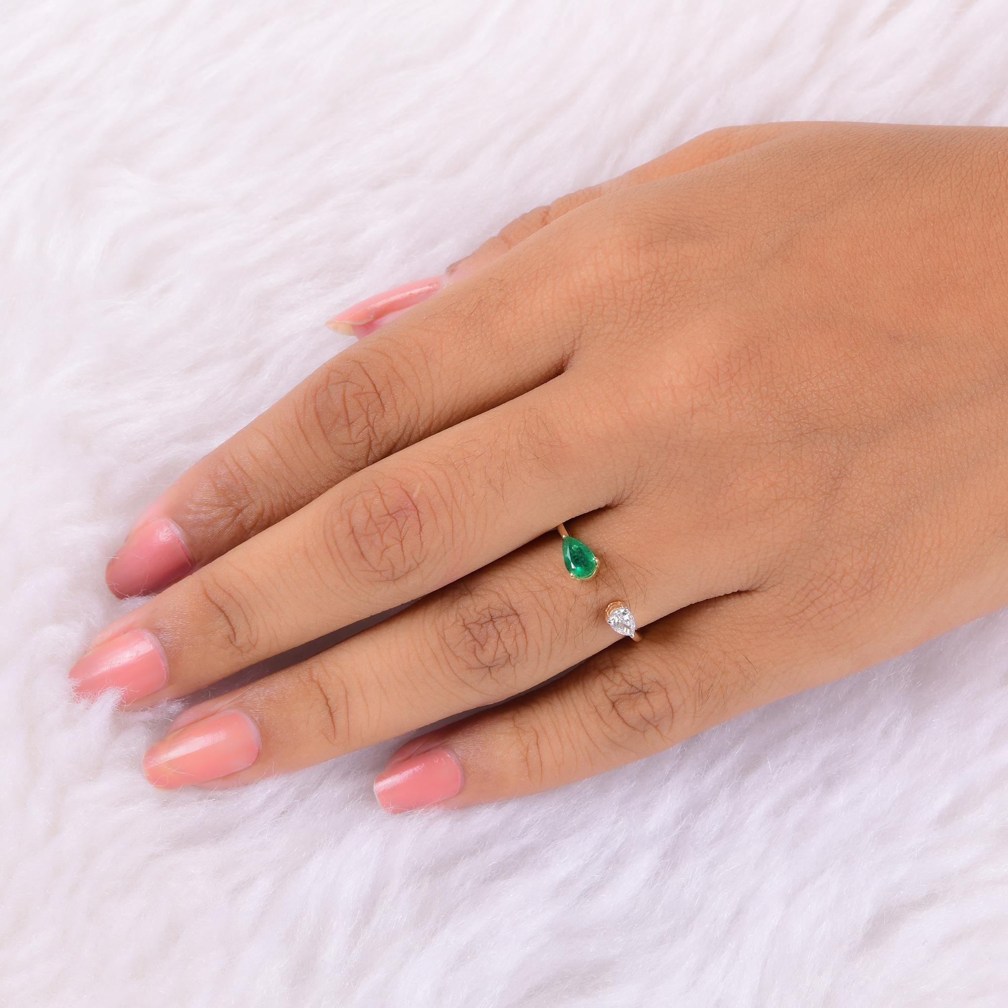 Natural Pear Zambian Emerald Gemstone Cuff Ring Diamond 18 Karat Yellow Gold For Sale 1