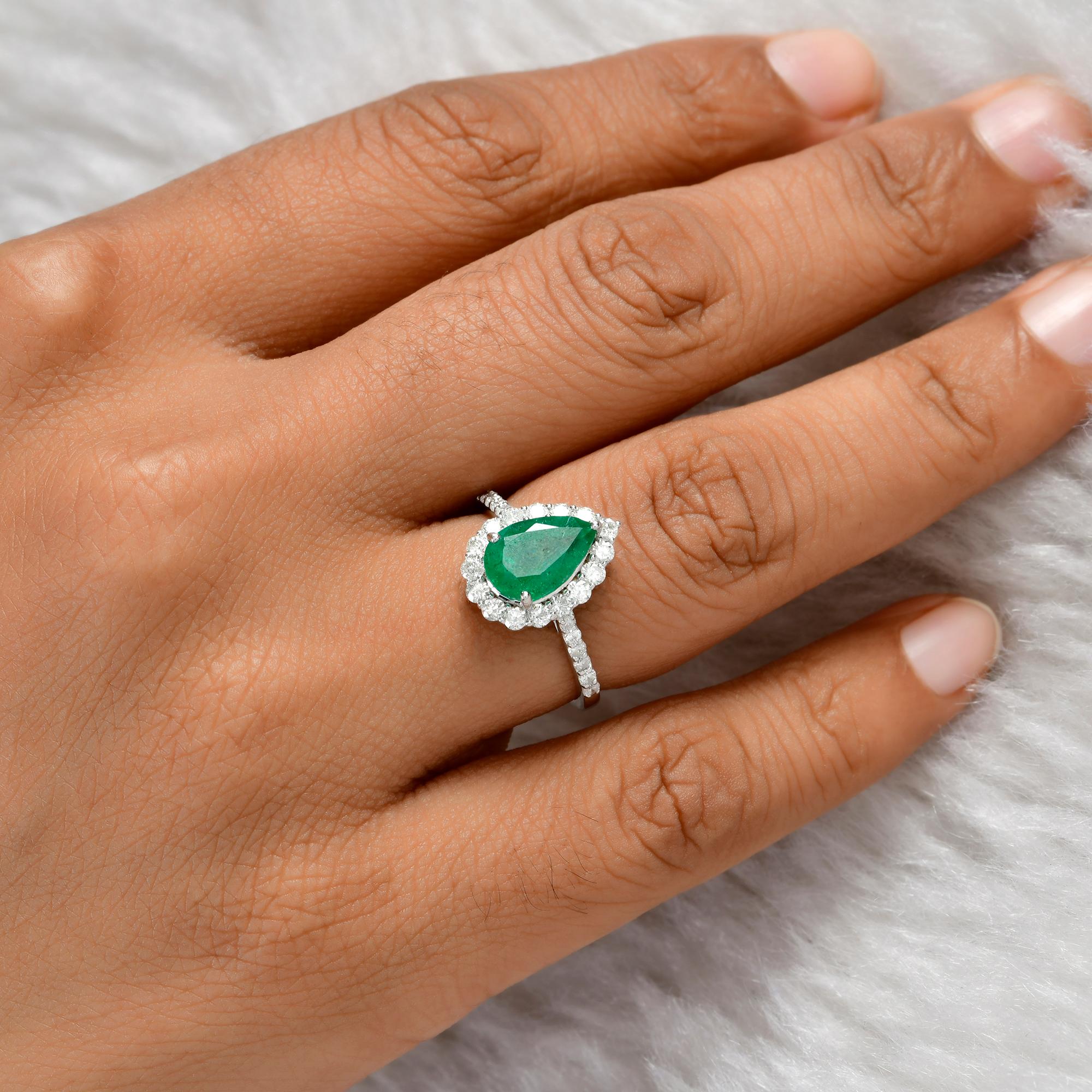 Pear Cut Natural Pear Zambian Emerald Gemstone Ring Diamond 14 Karat White Gold Jewelry For Sale