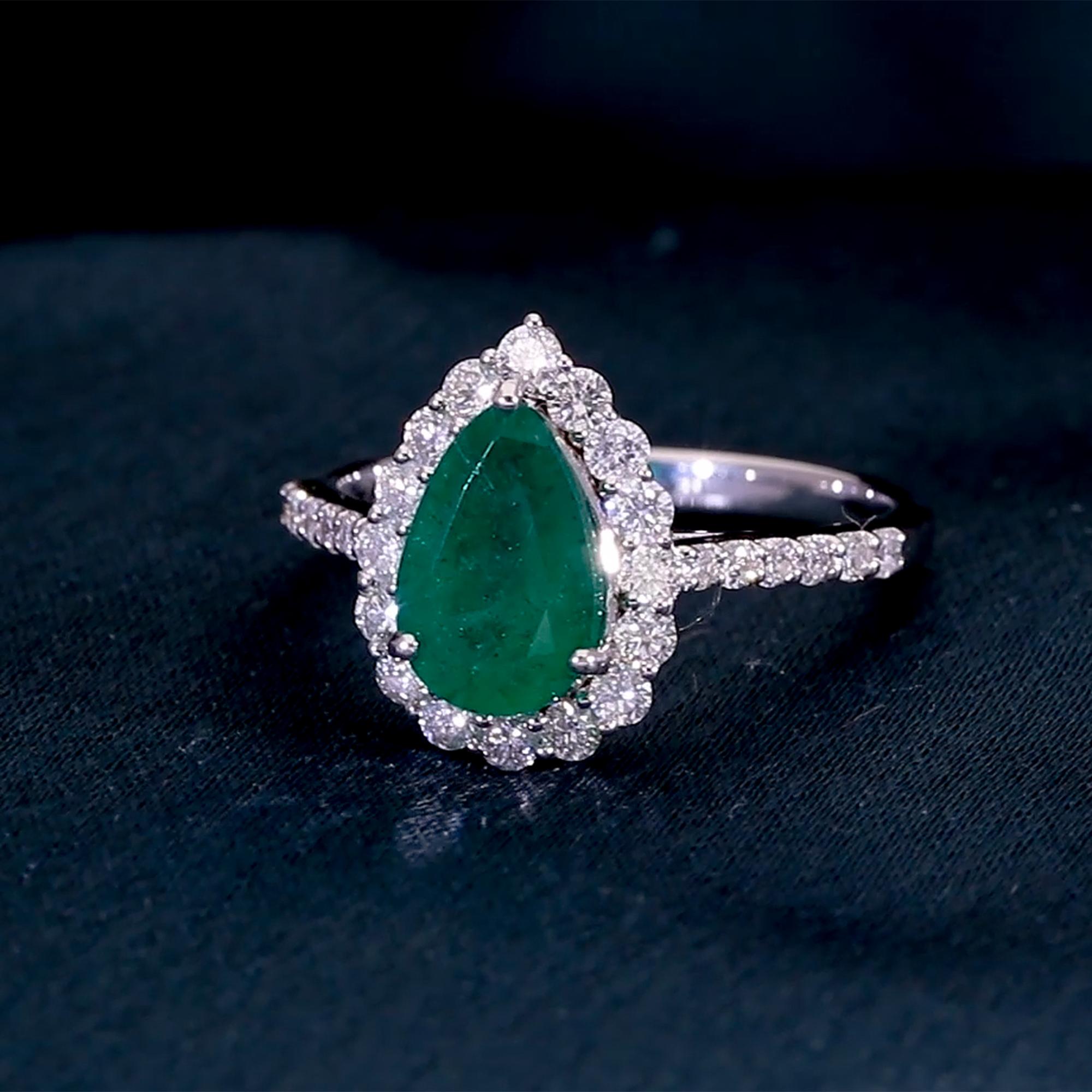 Women's Natural Pear Zambian Emerald Gemstone Ring Diamond 14 Karat White Gold Jewelry For Sale