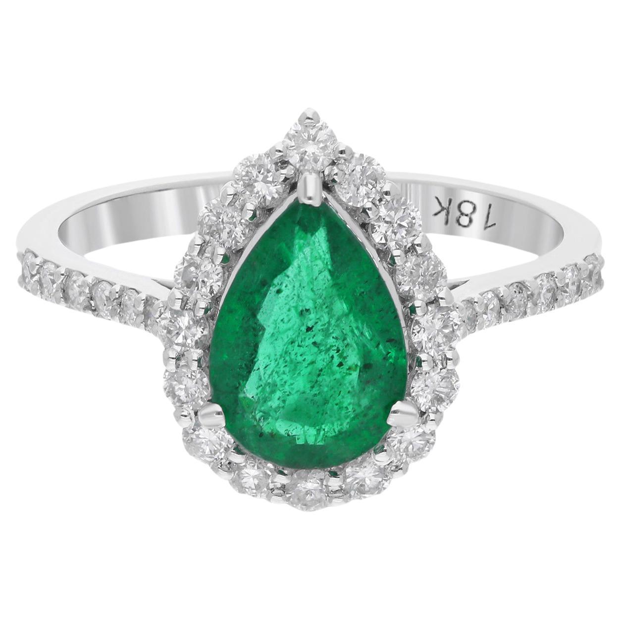 Natural Pear Zambian Emerald Gemstone Ring Diamond 18 Karat White Gold Jewelry For Sale