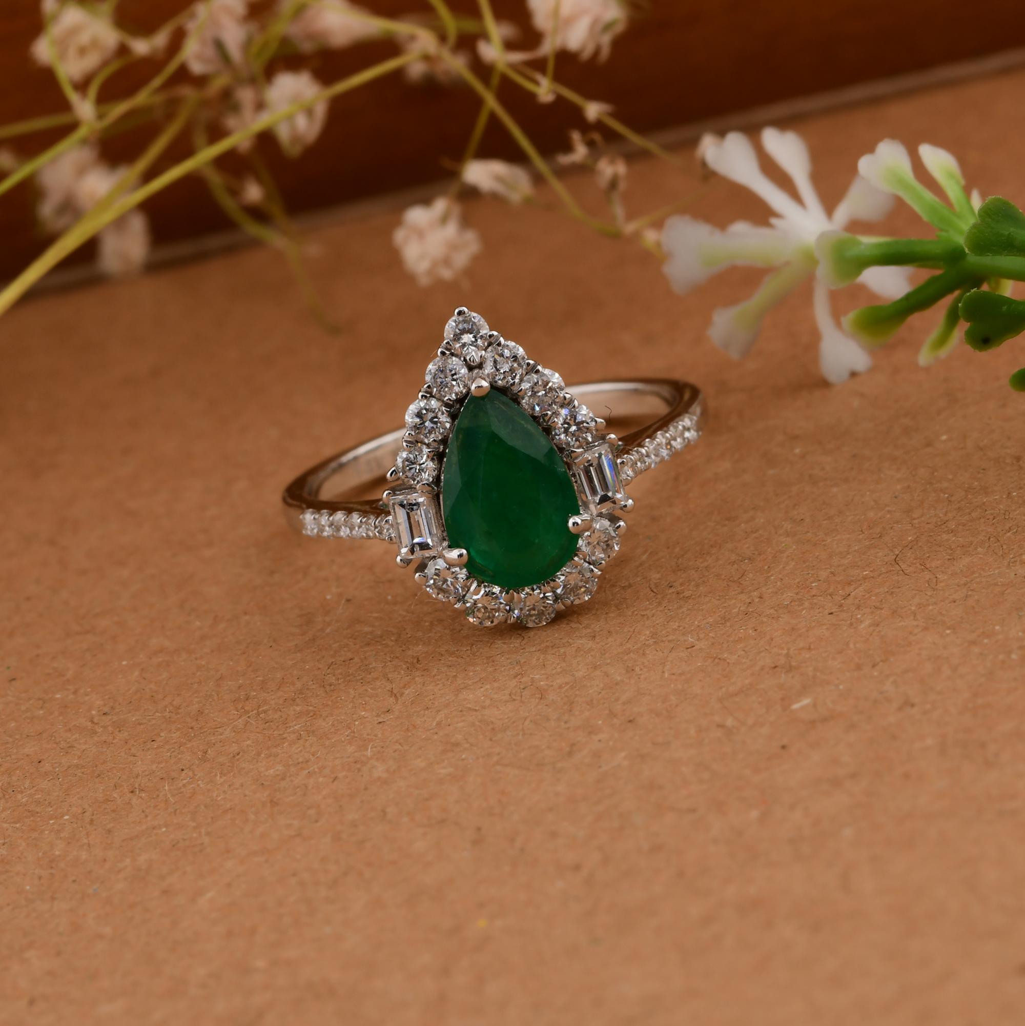 Pear Cut Natural Pear Zambian Emerald Ring SI/HI Diamond 14 Karat White Gold Fine Jewelry For Sale