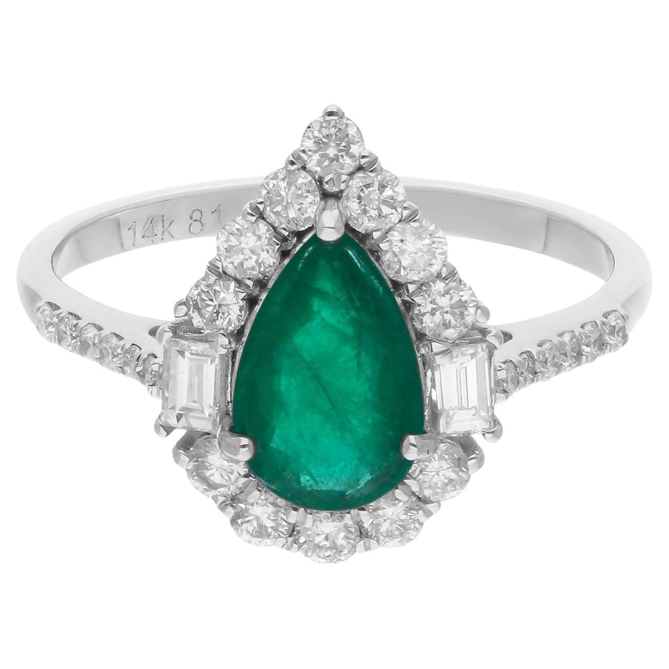 Bague en or blanc 14 carats avec émeraude naturelle de Zambie SI/HI et diamants