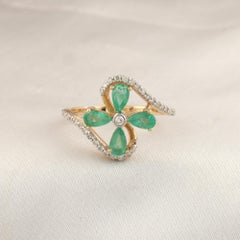 Natural Pear Zambian Emerald SI/H Diamond Ring 14 Karat Yellow Gold Fine Jewelry