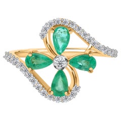 Natural Pear Zambian Emerald SI/H Diamond Ring 14 Karat Yellow Gold Fine Jewelry