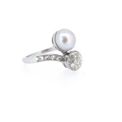 Natural Pearl and 1.20 Carat Old European Cut Diamond Crossover Bypass Band Ring