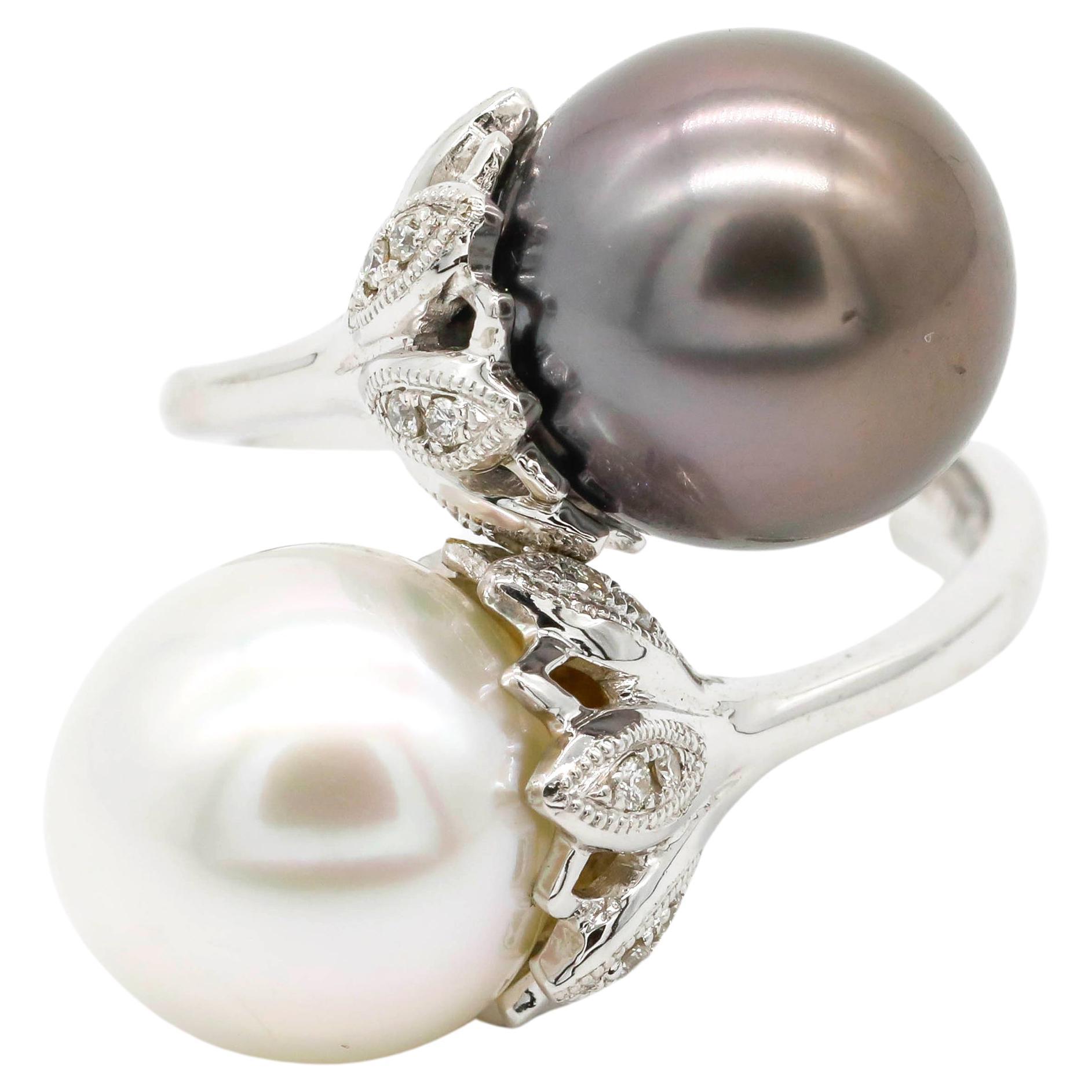 Natural Pearl 0.10 Carat Round Diamond Pave 18 Karat White Gold Wrap Ring For Sale
