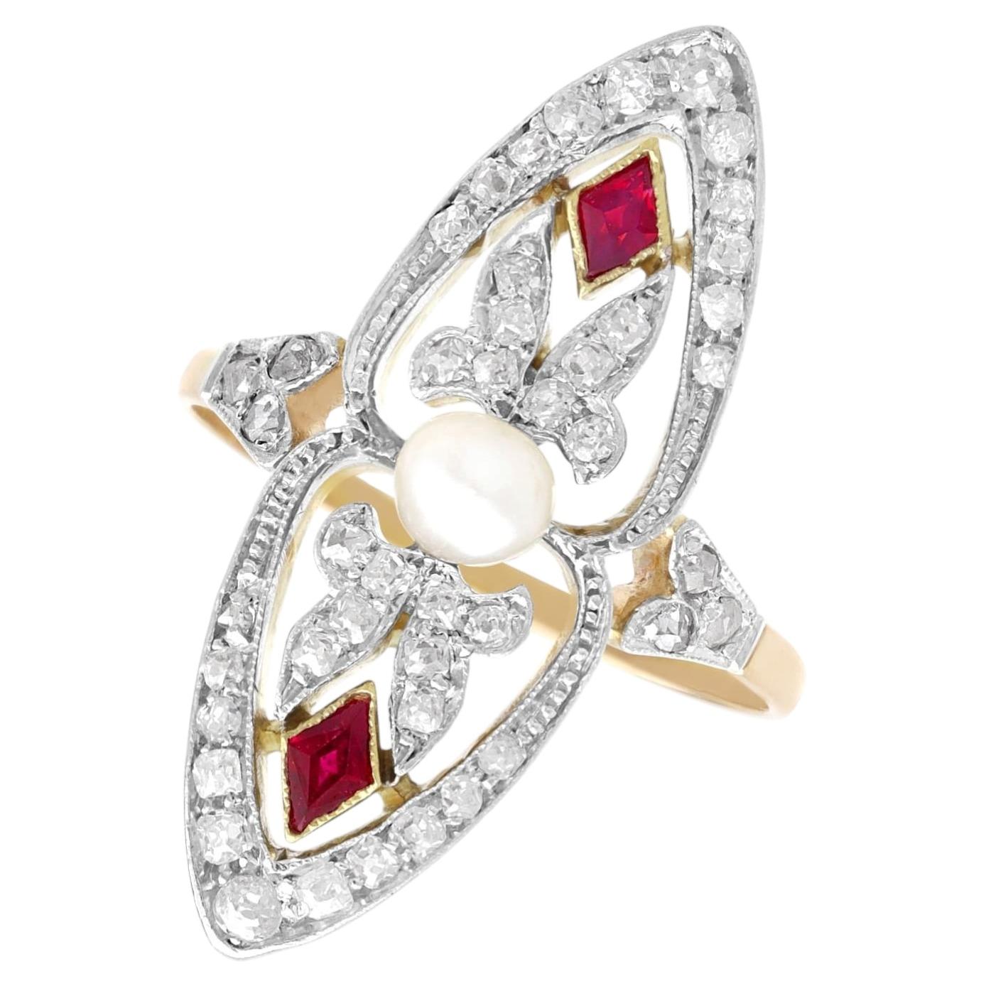 Natural Pearl 0.12 Carat Ruby 0.59 Carat Diamond 18k Yellow Gold Cocktail Ring
