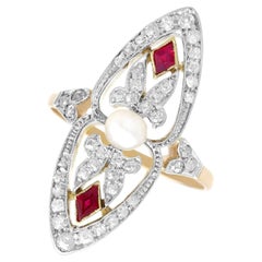 Natürliche Perle 0,12 Karat Rubin und 0,59 Karat Diamant 18k Gelbgold Kleid Ring