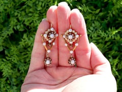 Natural Pearl, 0.66 Carat Diamond and Enamel, 9k Yellow Gold Drop Earrings