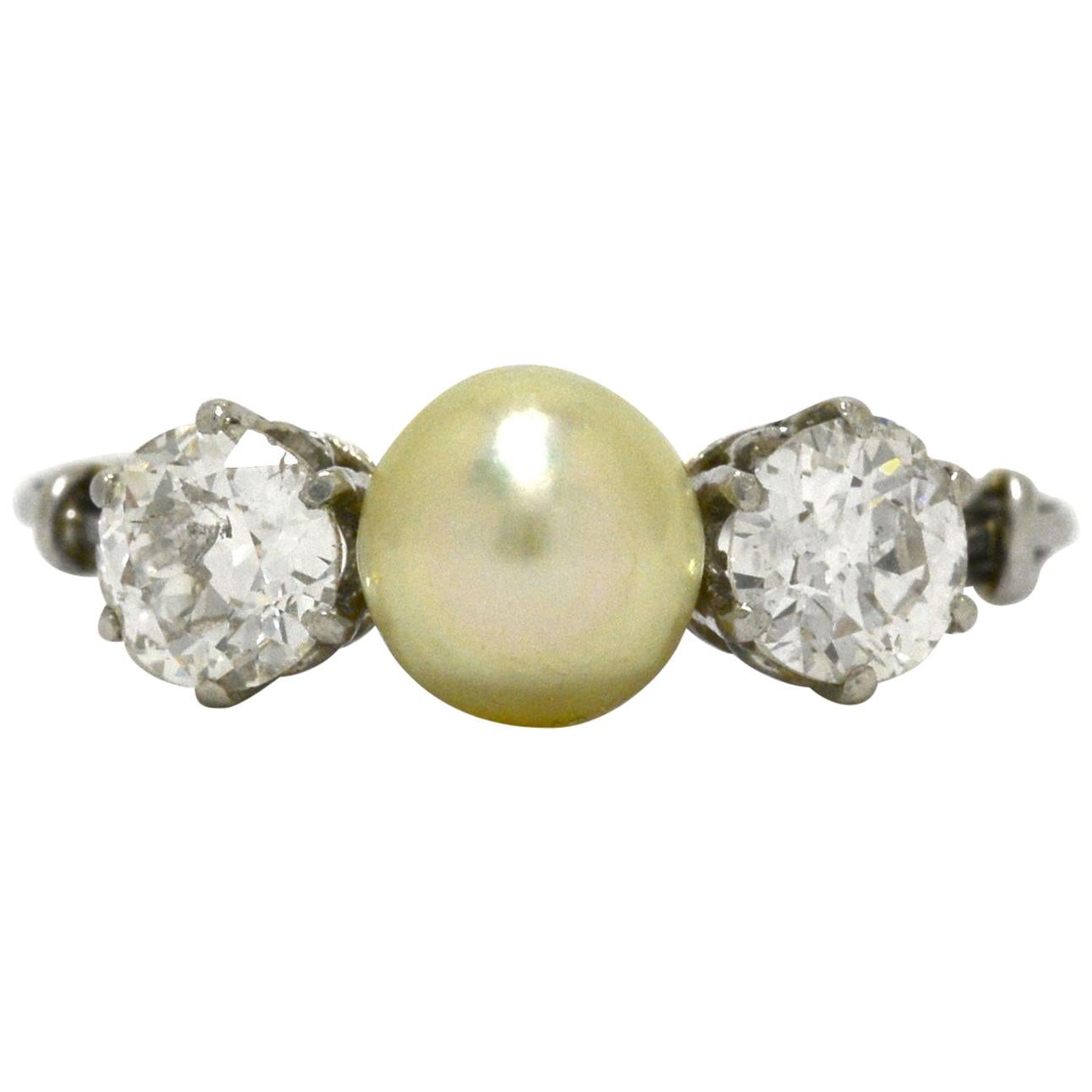 Natural Pearl 2 Diamond Edwardian Platinum Trinity 3-Stone Engagement ...