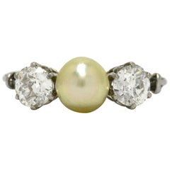 Antique Natural Pearl 2 Diamond Edwardian Platinum Trinity 3-Stone Engagement Ring