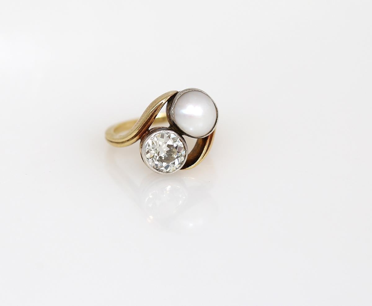 Women's Natural Pearl 1.8 Carat Diamond Ring Certified Russia, 1920
