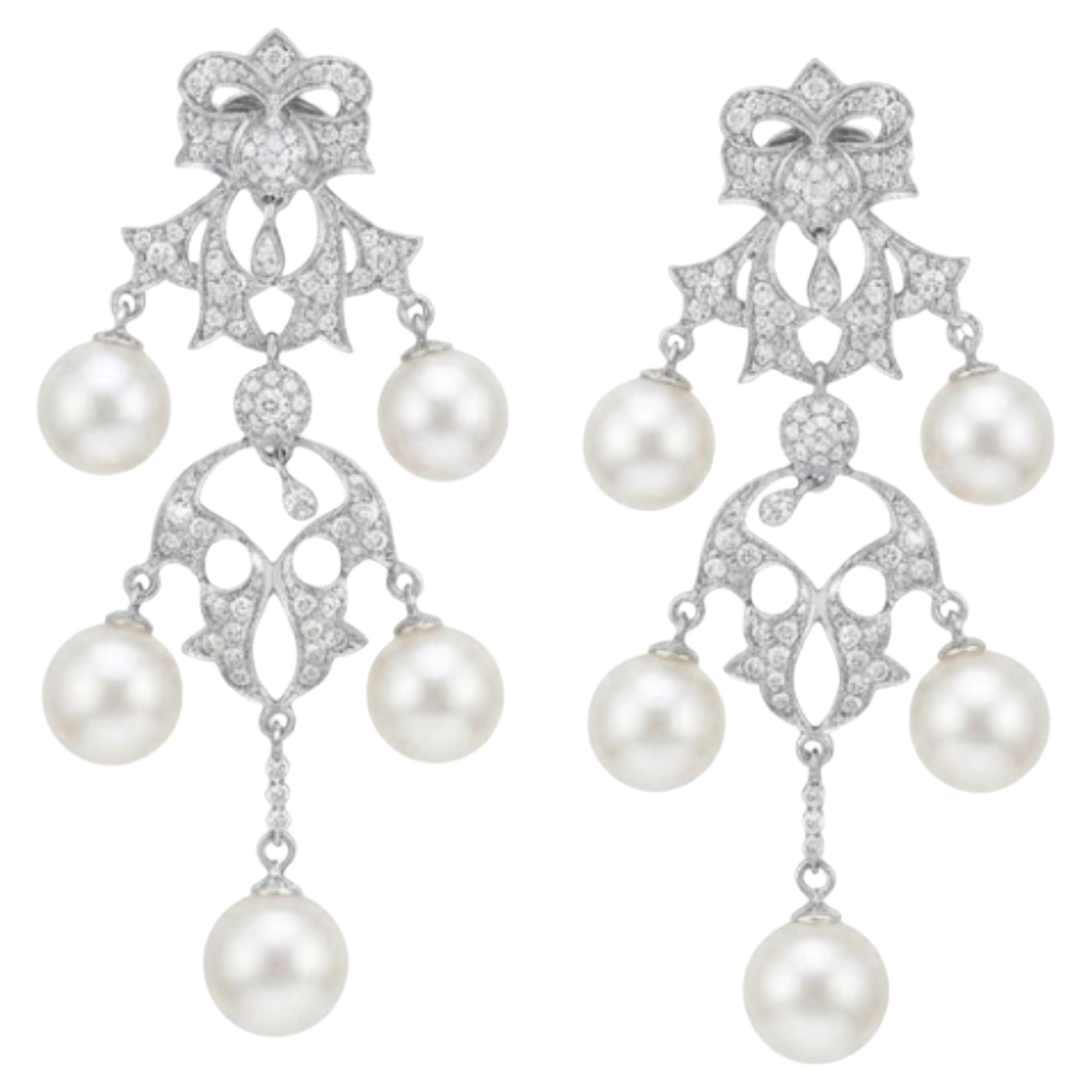 Designer-Ohrringe aus 14-karätigem Gold mit Perlen und Diamanten, 49,47 ct und 1,35 ct