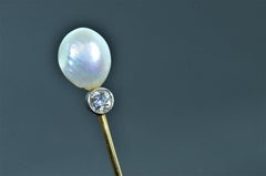 Natural Pearl and 0.25 Carat Old Mine Cut Diamond Stick Pin with Serial Number