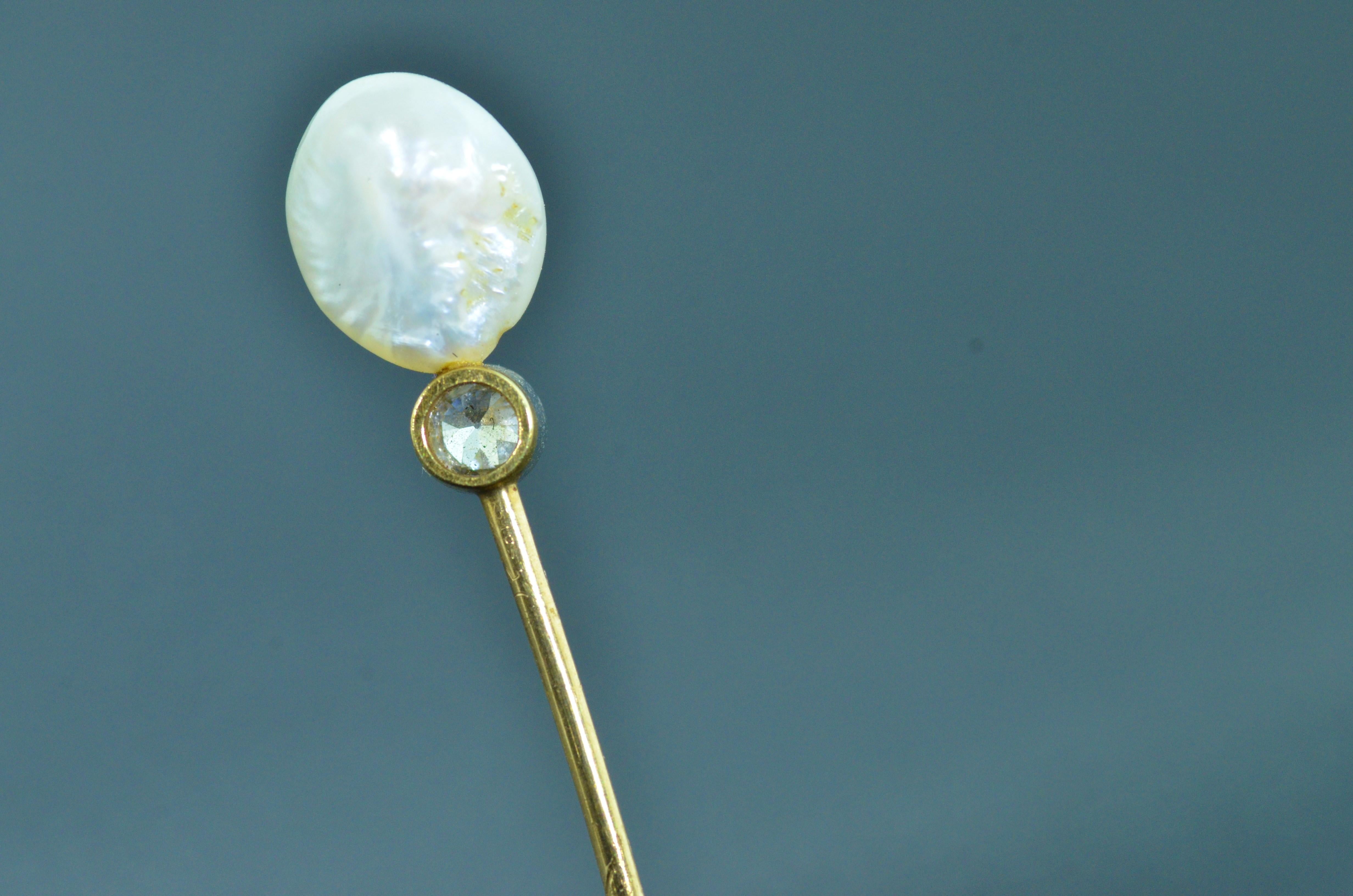 Art Deco Natural Pearl and 0.25 Carat Old Mine Cut Diamond Stick Pin with Serial Number For Sale