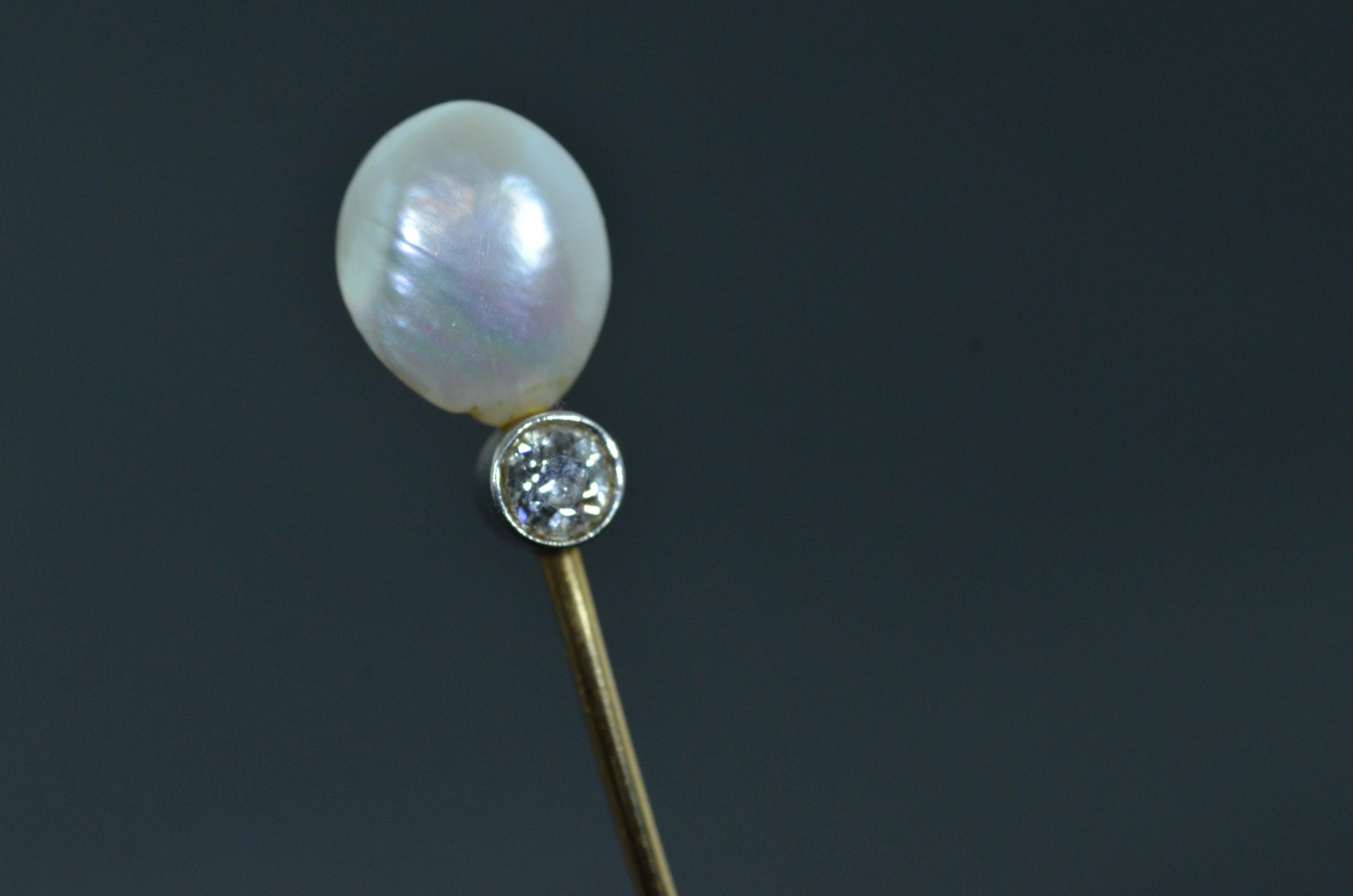 Natural Pearl and 0.25 Carat Old Mine Cut Diamond Stick Pin with Serial Number In Good Condition For Sale In Warrington, PA