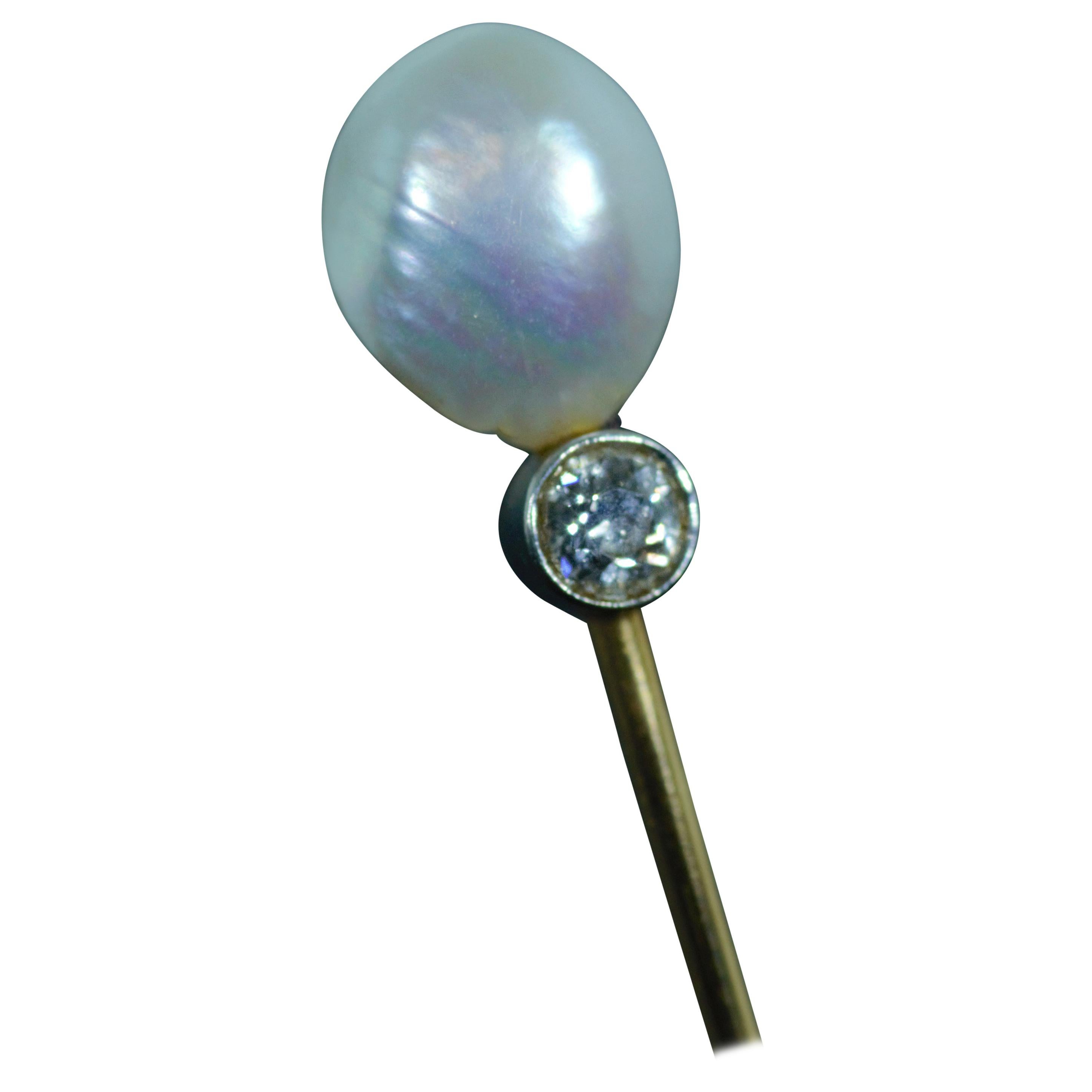 Natural Pearl and 0.25 Carat Old Mine Cut Diamond Stick Pin with Serial Number For Sale