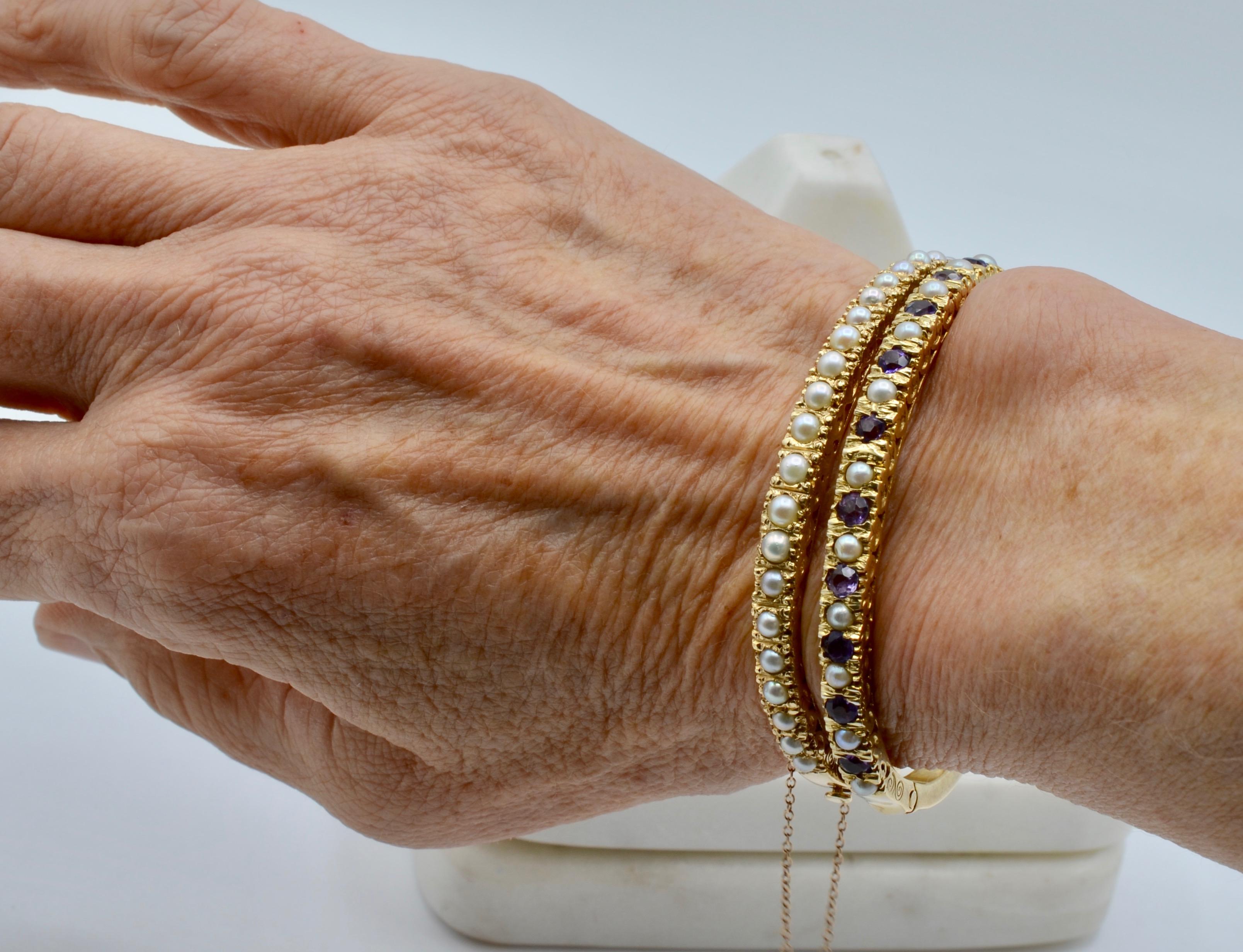 Round Cut Natural Pearl and 14 Karat Gold Victorian Clamper Bracelet
