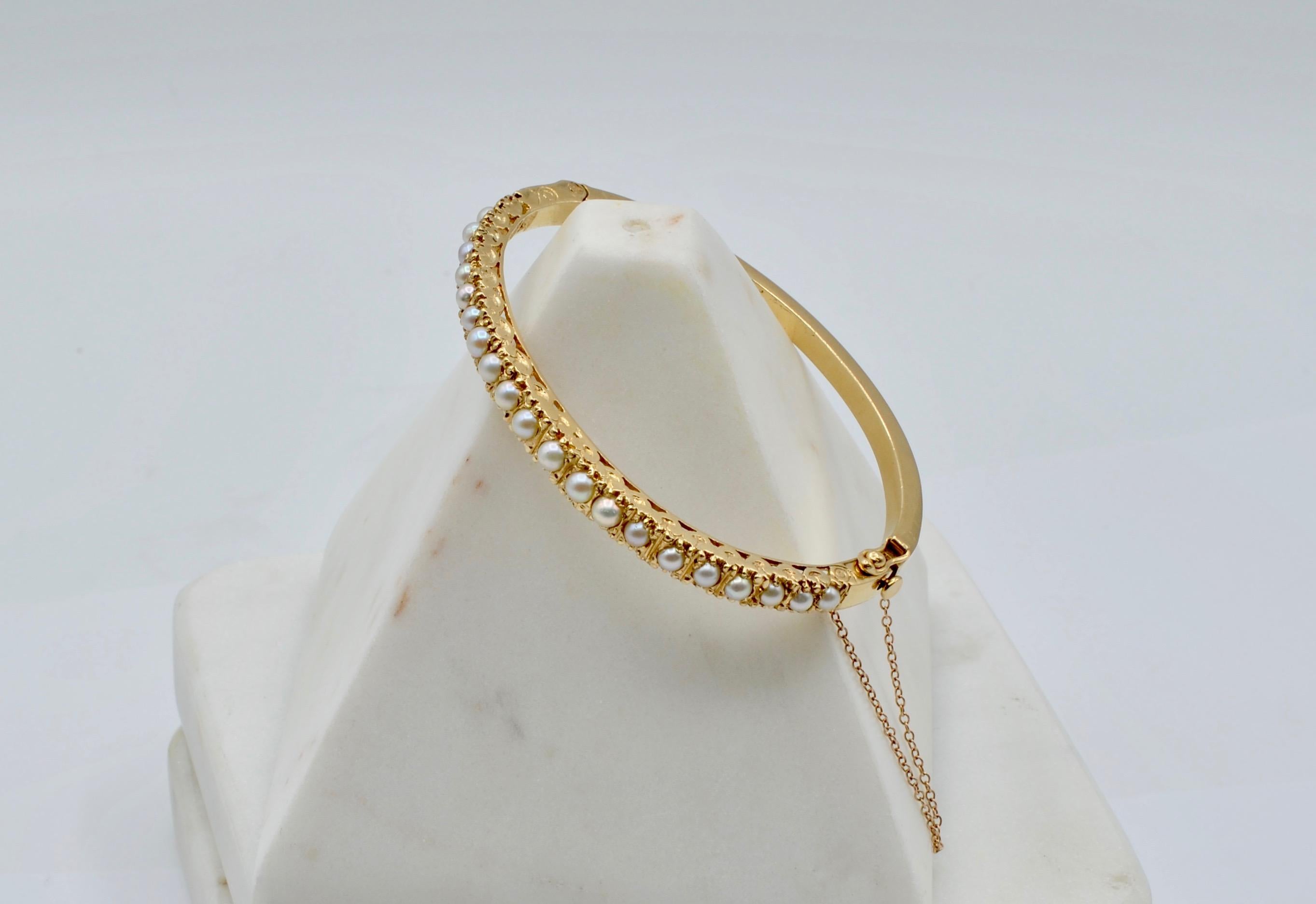 Natural Pearl and 14 Karat Gold Victorian Clamper Bracelet In Good Condition In Berkeley, CA