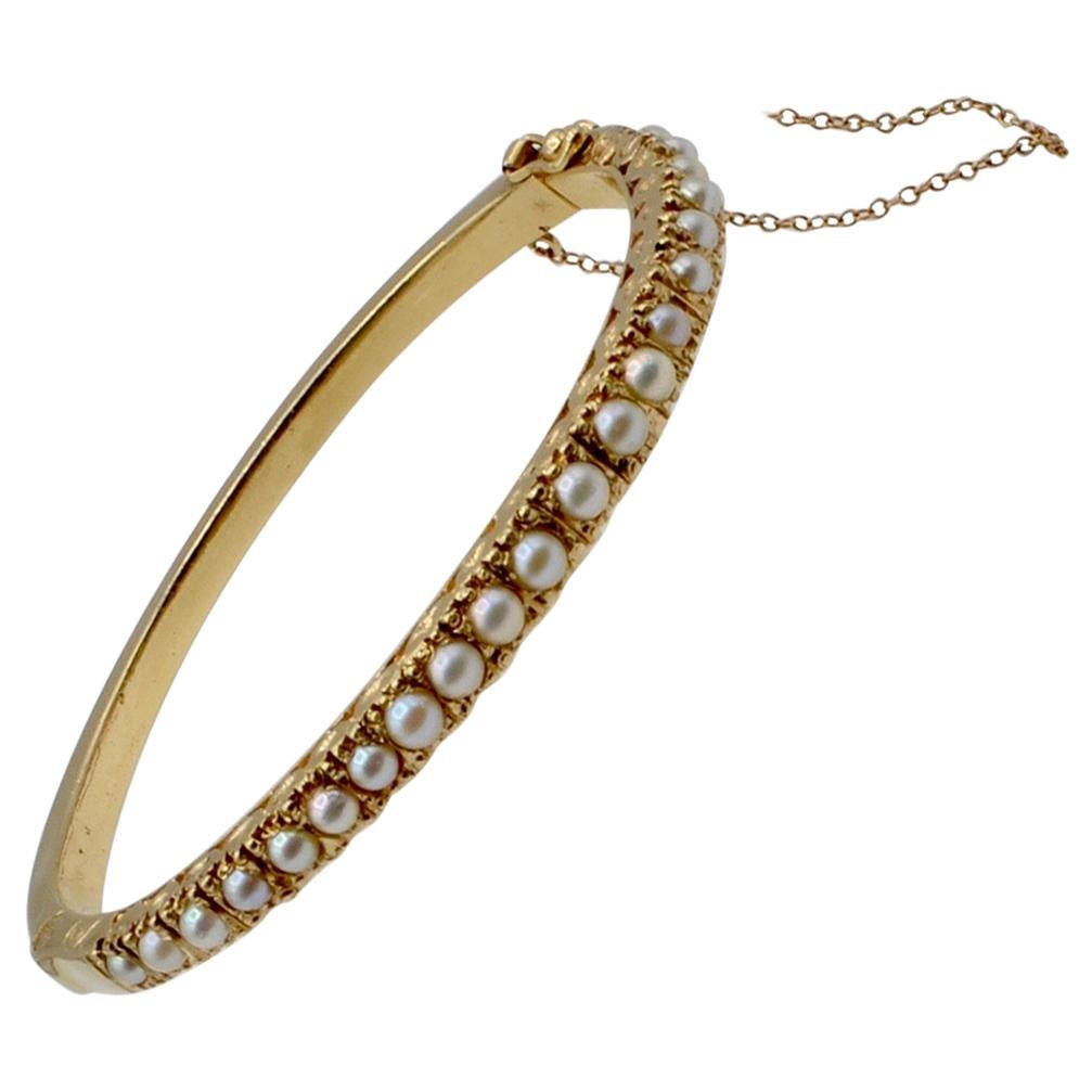 Natural Pearl and 14 Karat Gold Victorian Clamper Bracelet