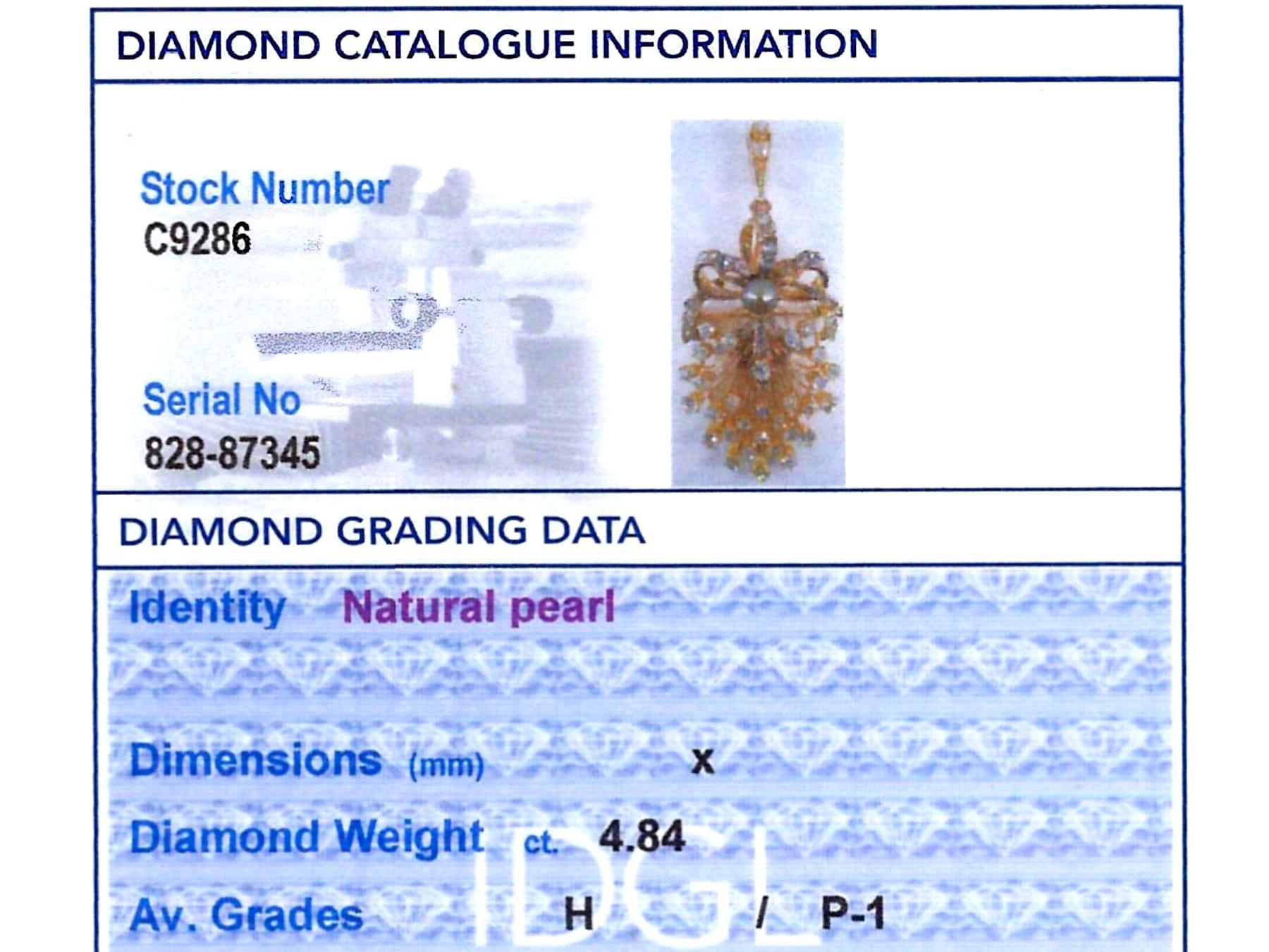 Natural Pearl and 4.84 Carat Diamond 18k Yellow Gold Pendant / Brooch Circa 1880 en vente 7
