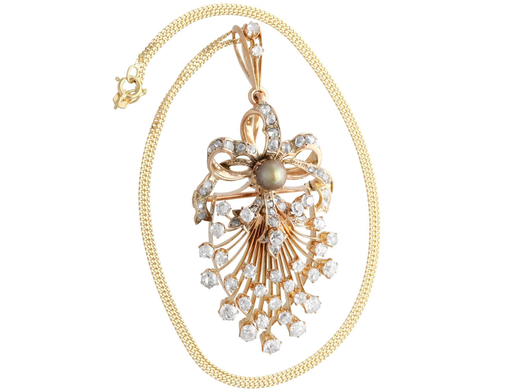 Natural Pearl and 4.84 Carat Diamond 18k Yellow Gold Pendant / Brooch Circa 1880 Excellent état - En vente à Jesmond, Newcastle Upon Tyne