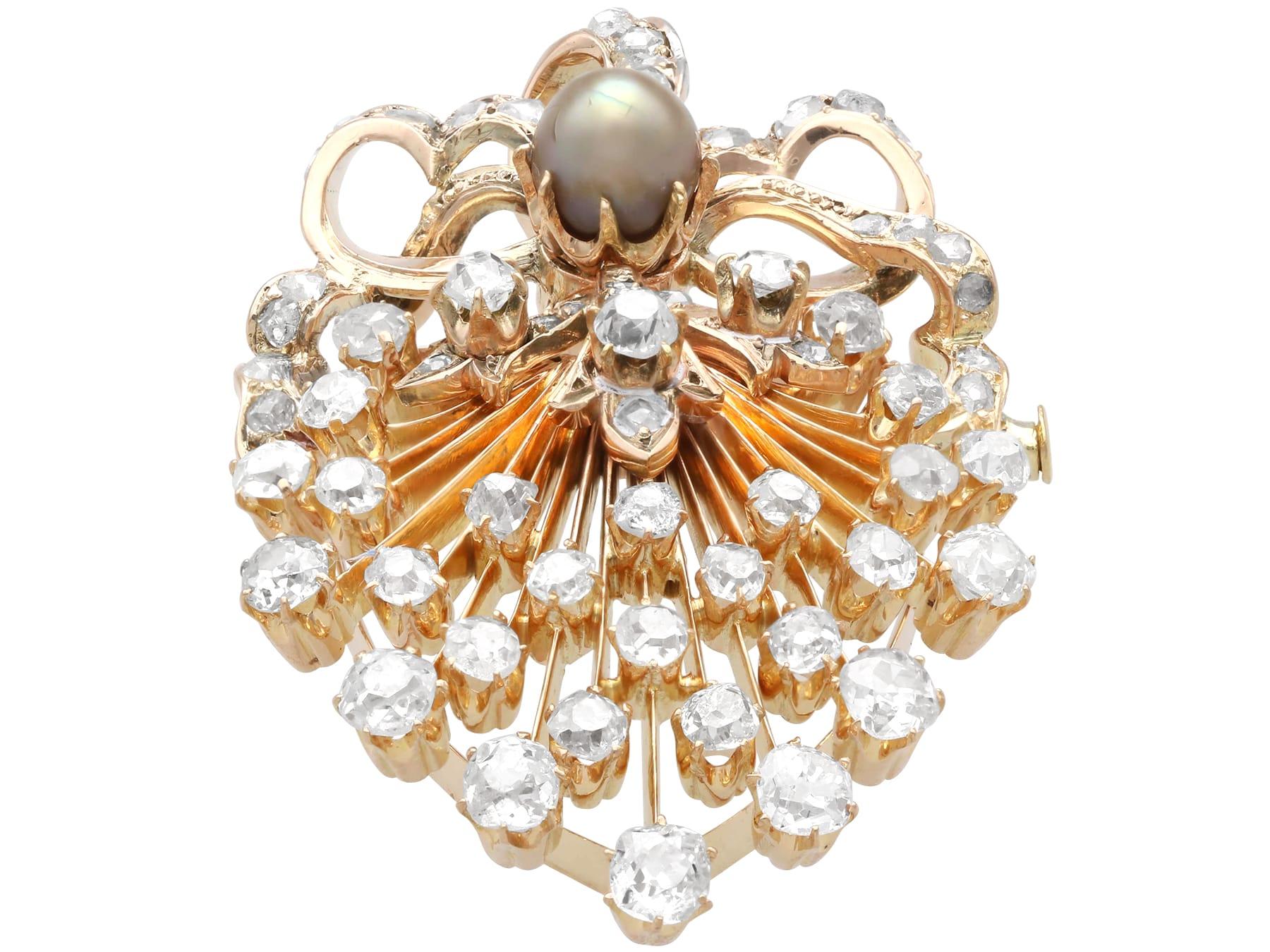 Natural Pearl and 4.84 Carat Diamond 18k Yellow Gold Pendant / Brooch Circa 1880 en vente 1