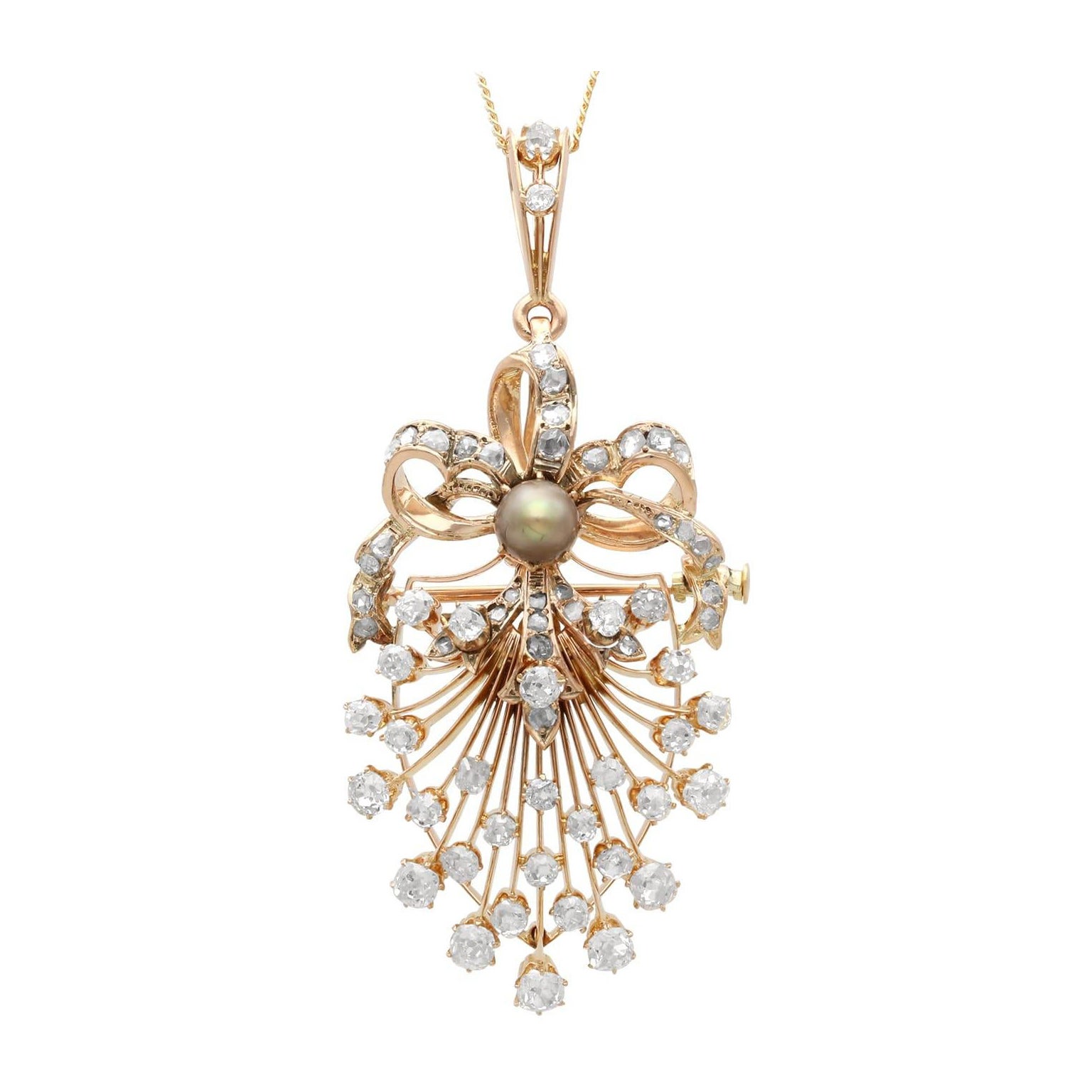 Natural Pearl and 4.84 Carat Diamond 18k Yellow Gold Pendant / Brooch Circa 1880