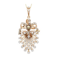 Natural Pearl and 4.84 Carat Diamond 18k Yellow Gold Pendant / Brooch Circa 1880