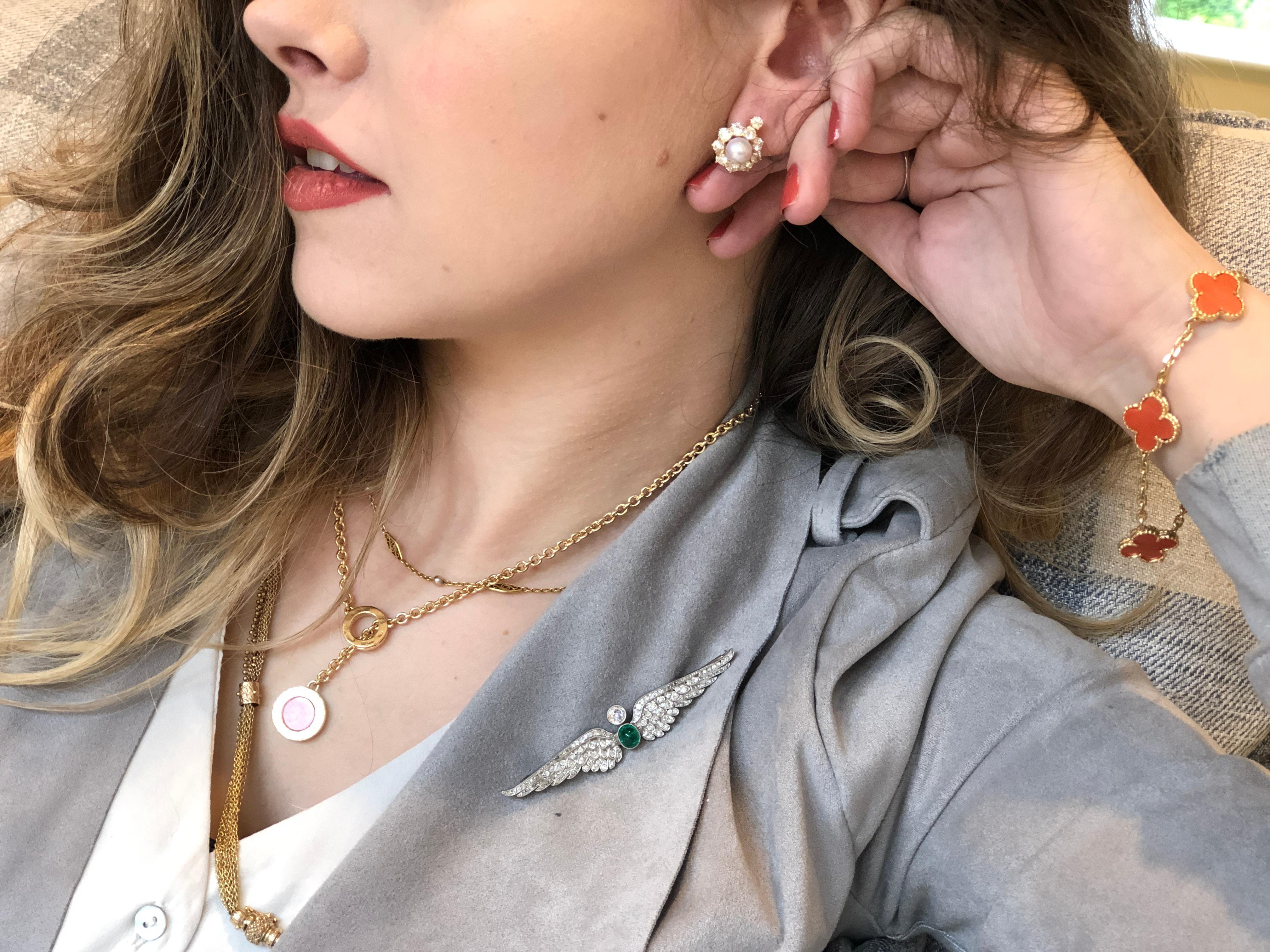 These earrings capture the Victorian style with lustrous natural pearls and sparkling old European cut diamonds. The whole pearls are surrounded by nine-pointed yellow gold stars, into which the diamonds are set. 

These are newly made pieces but