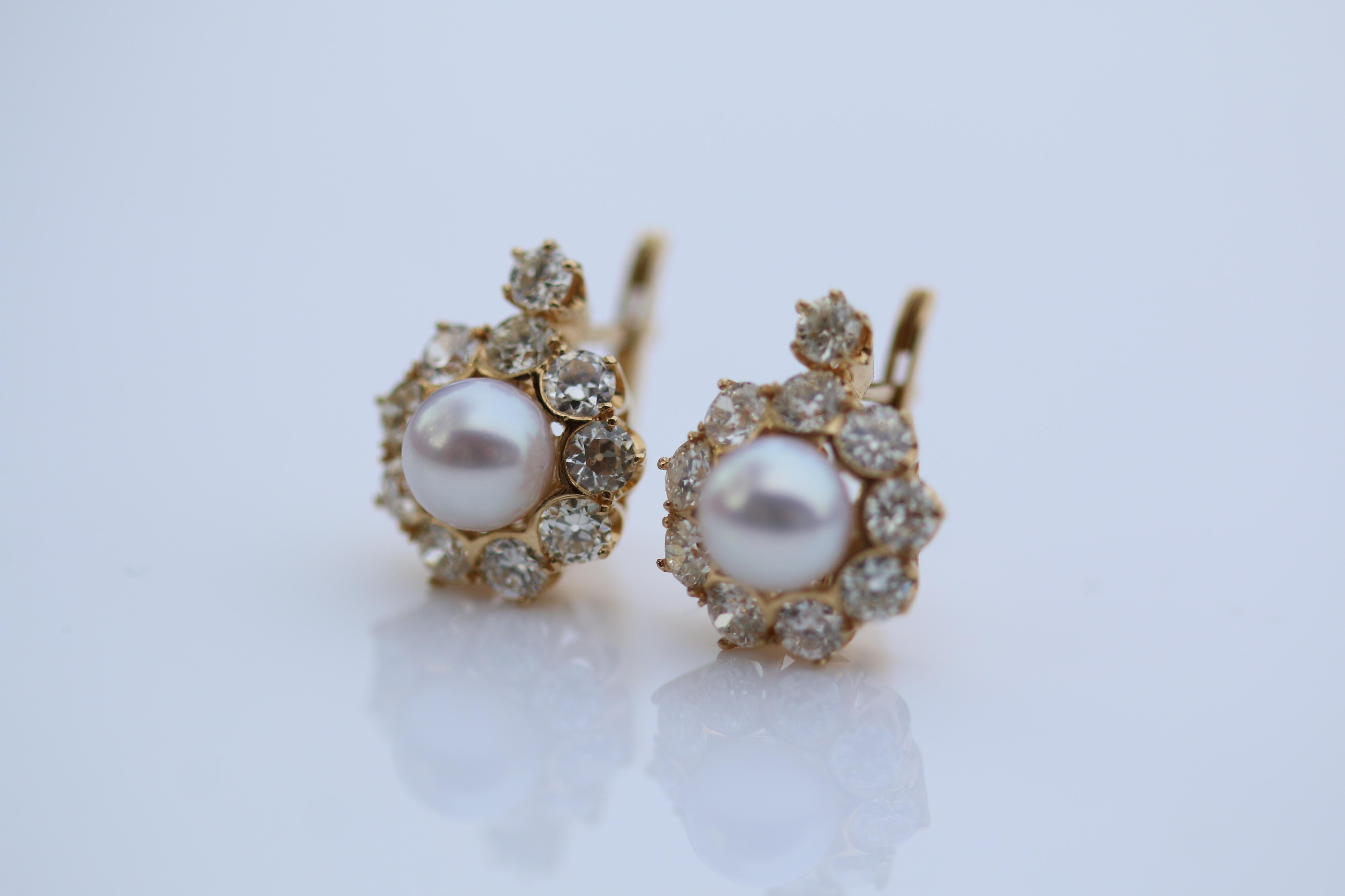 Victorian Natural Pearl and Diamond 18 Karat Yellow Gold Earrings