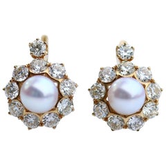 Natural Pearl and Diamond 18 Karat Yellow Gold Earrings