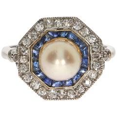 Antique Natural Pearl and Diamond and Sapphire Platinum Ring, circa 1910
