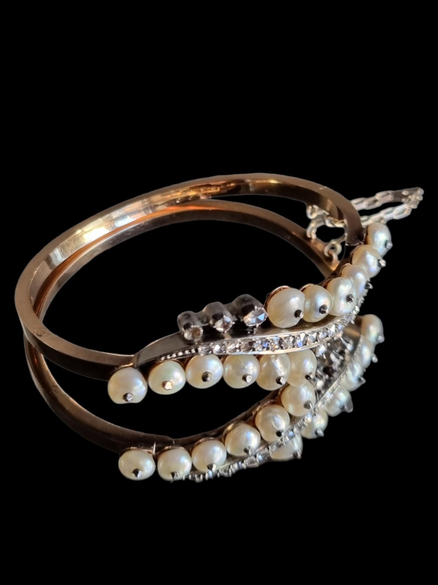 Women's Antique Natural Pearl and Diamond Bangle Bracelet, Late Georgian (1830) For Sale