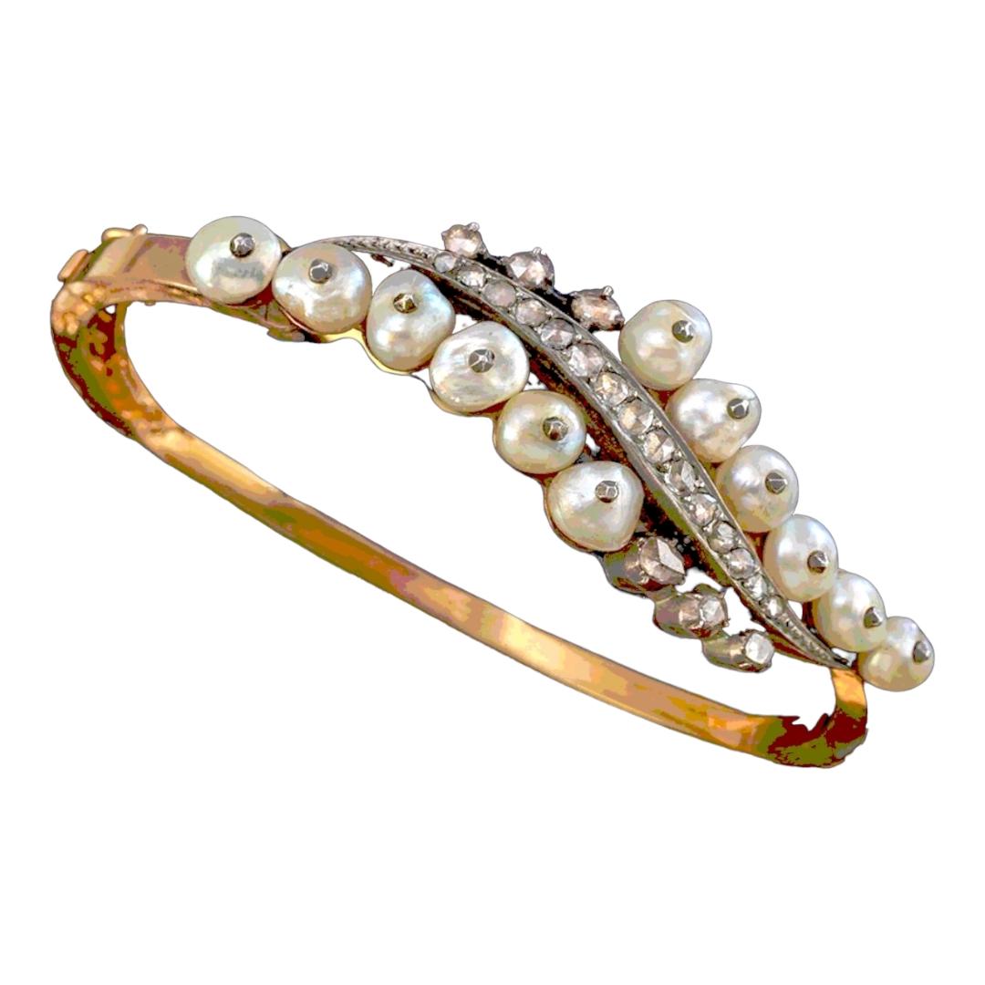 Antique Natural Pearl and Diamond Bangle Bracelet, Late Georgian (1830) For Sale 1