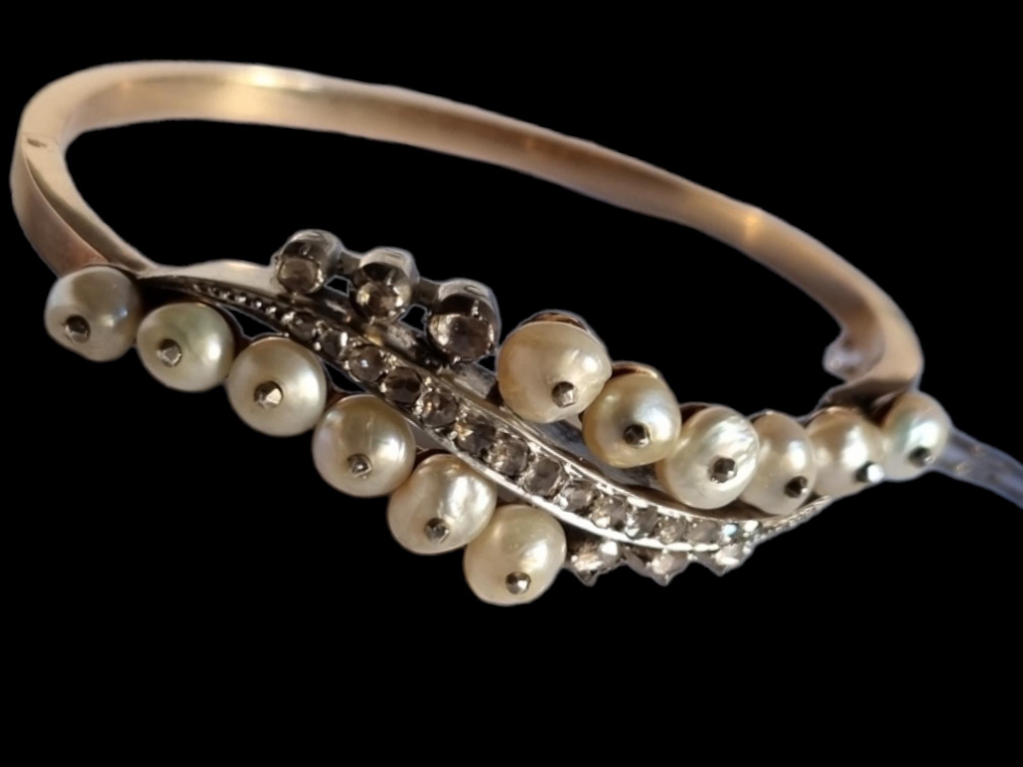Antique Natural Pearl and Diamond Bangle Bracelet, Late Georgian (1830) For Sale 2