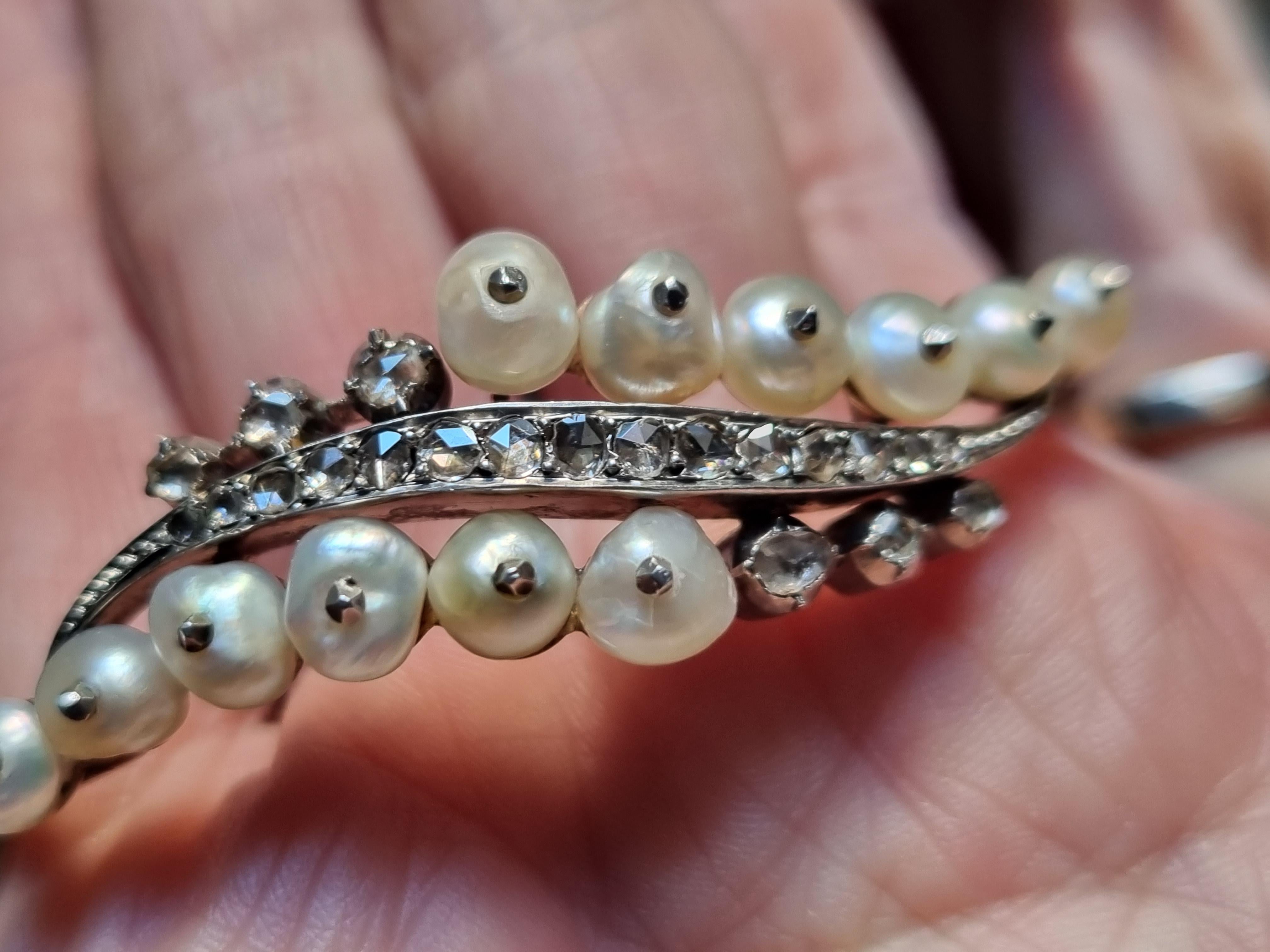 Antique Natural Pearl and Diamond Bangle Bracelet, Late Georgian (1830) For Sale 5