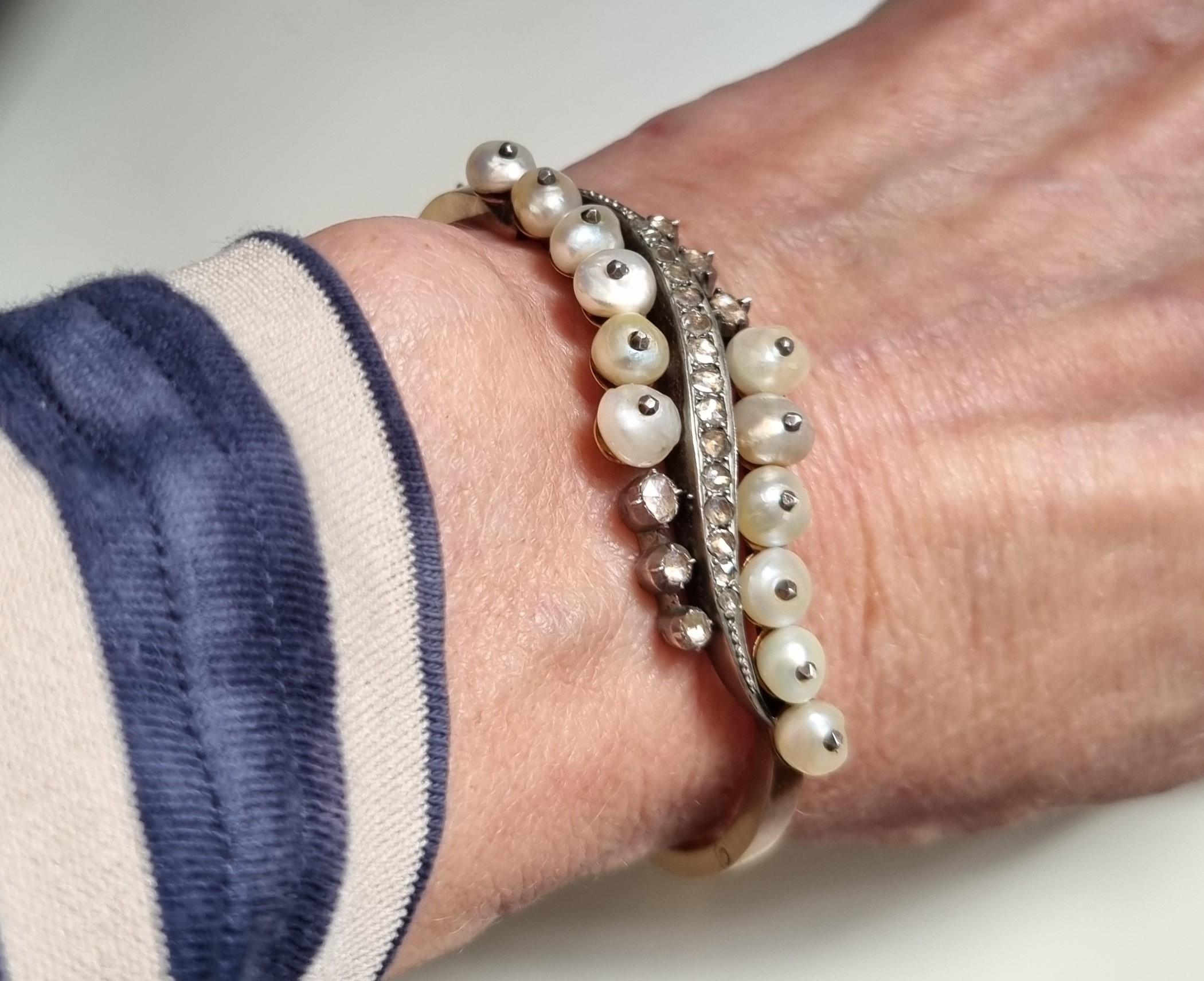 Antique Natural Pearl and Diamond Bangle Bracelet, Late Georgian (1830) For Sale 6