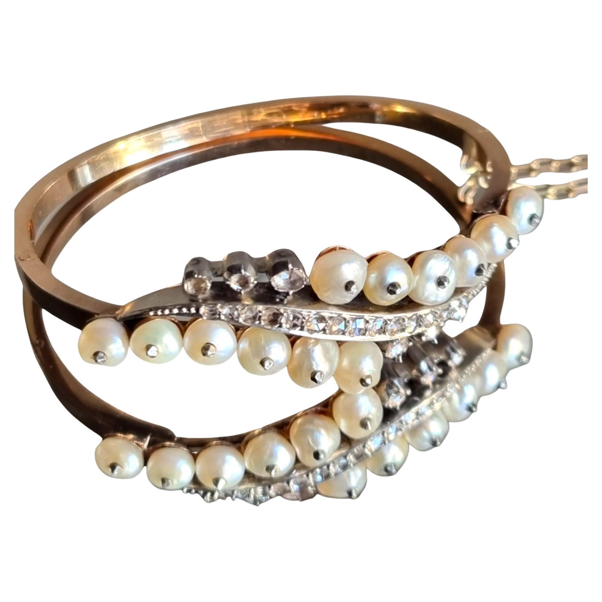 Antique Natural Pearl and Diamond Bangle Bracelet, Late Georgian (1830) For Sale