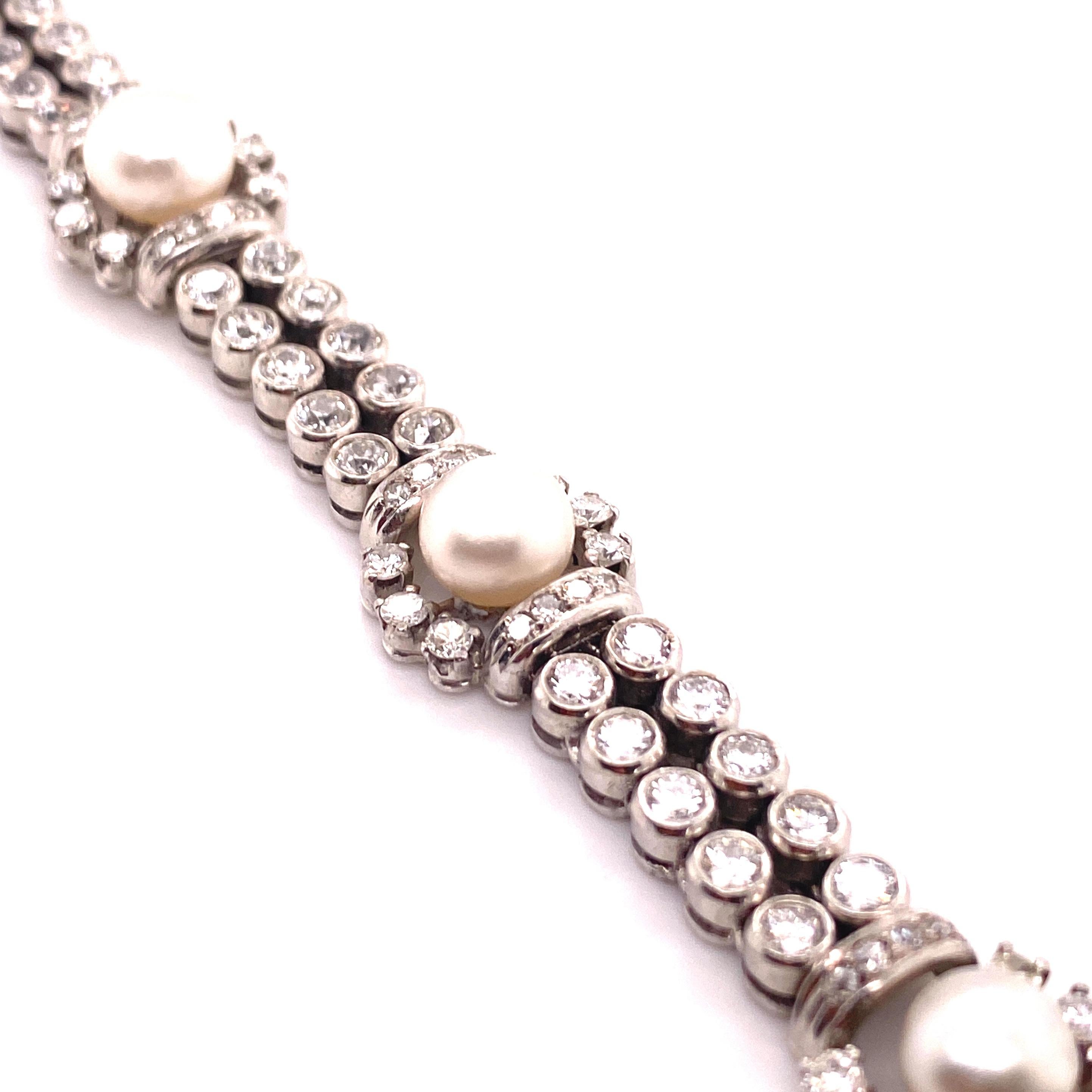 Women's or Men's Natural Pearl and Diamond Bracelet in 18 Karat White Gold