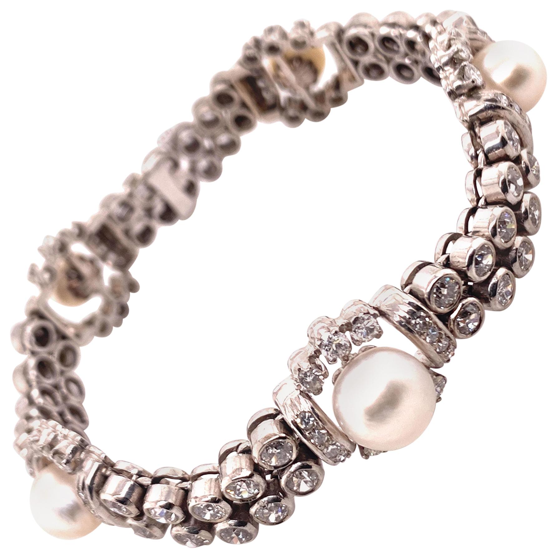 Natural Pearl and Diamond Bracelet in 18 Karat White Gold