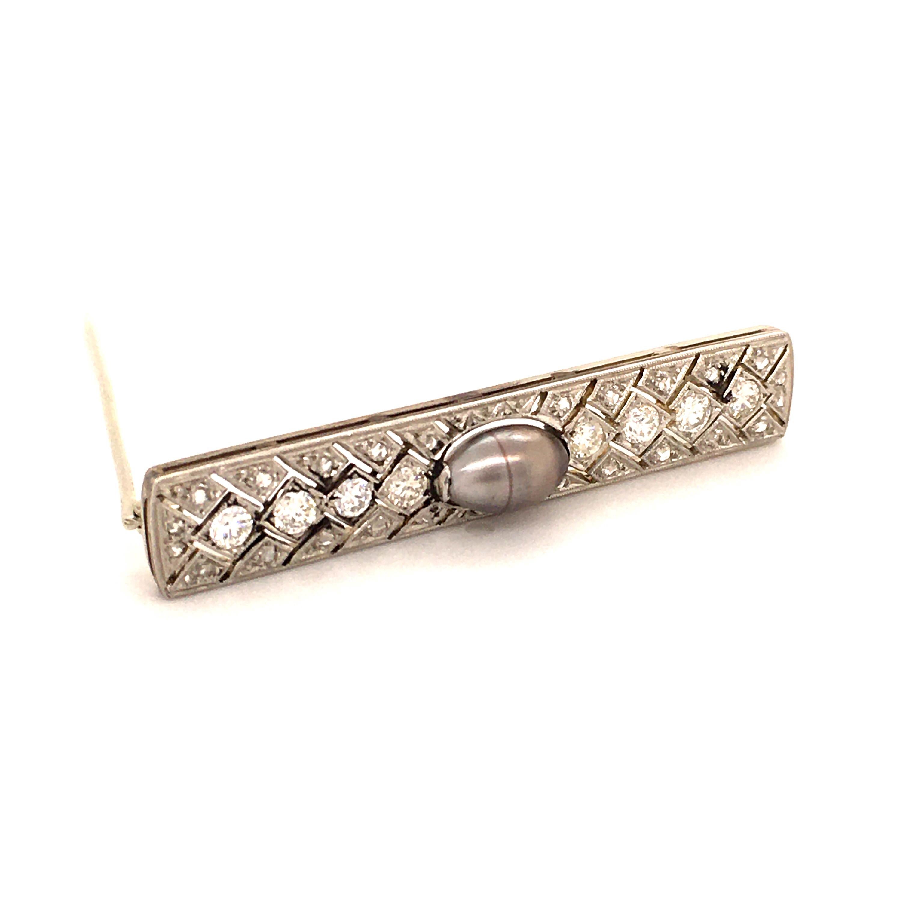 Round Cut Natural Pearl and Diamond Brooch in Platinum and 18 Karat White Gold