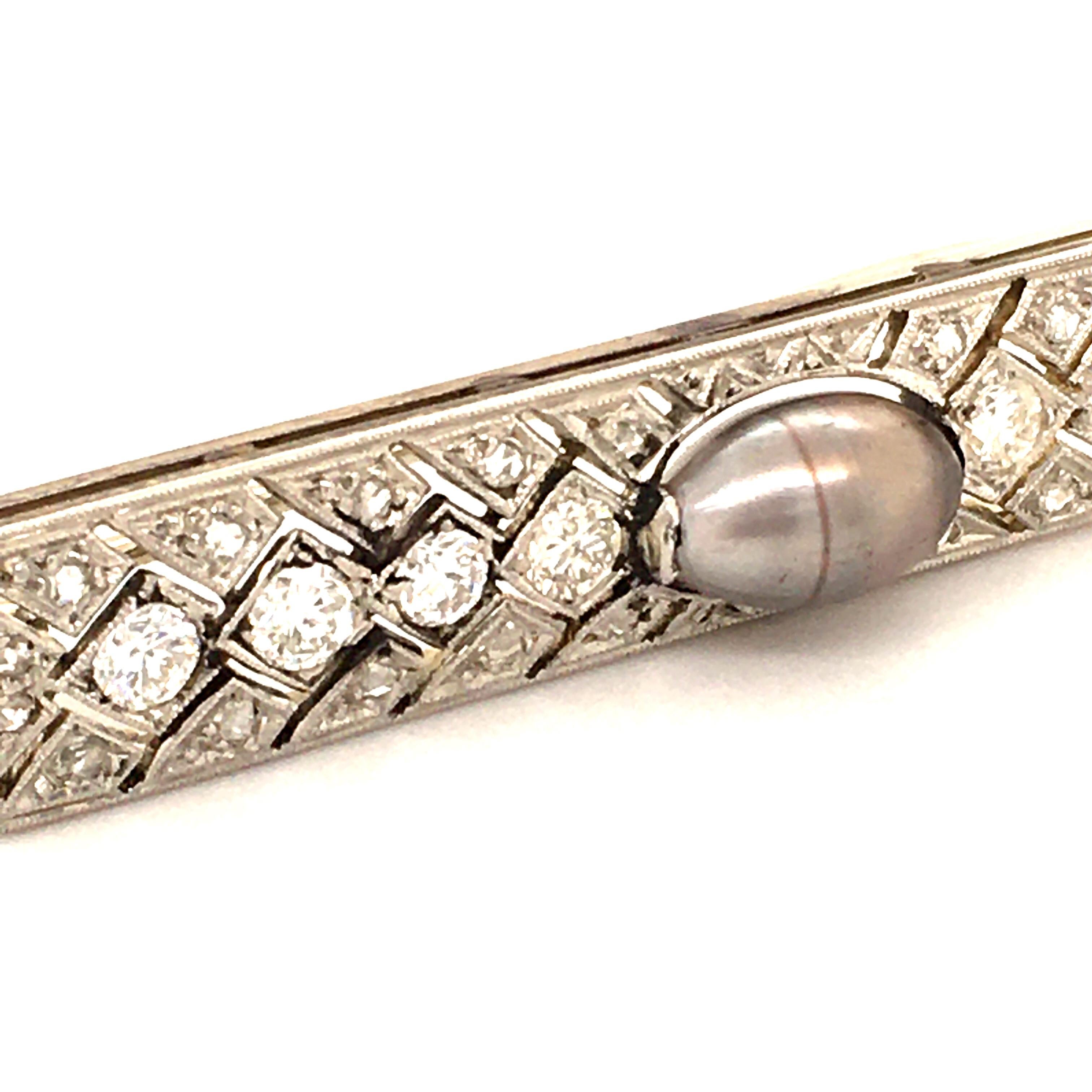 Women's or Men's Natural Pearl and Diamond Brooch in Platinum and 18 Karat White Gold