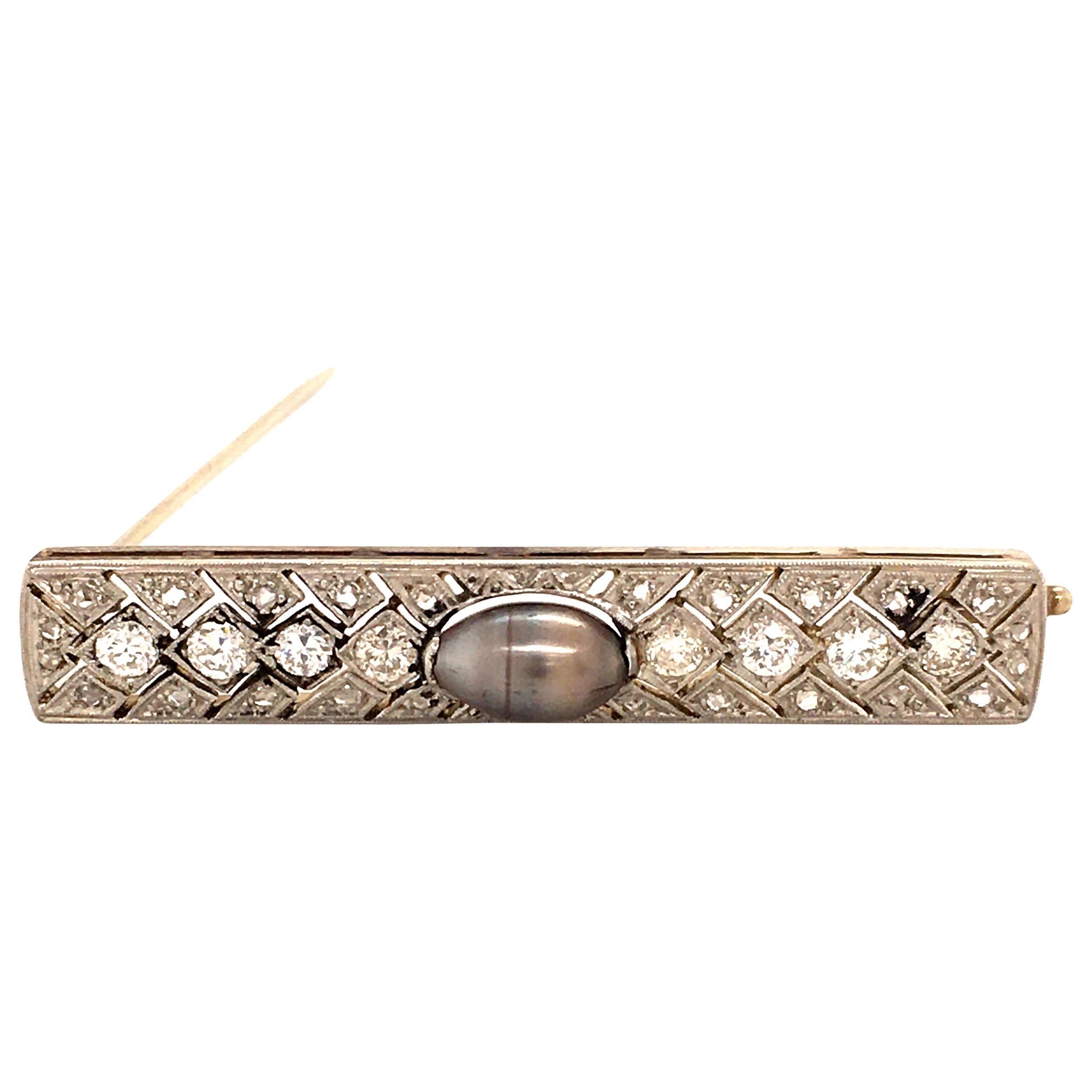 Natural Pearl and Diamond Brooch in Platinum and 18 Karat White Gold