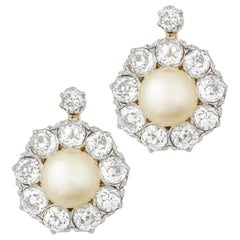 Antique Natural Pearl and Diamond Cluster Earrings