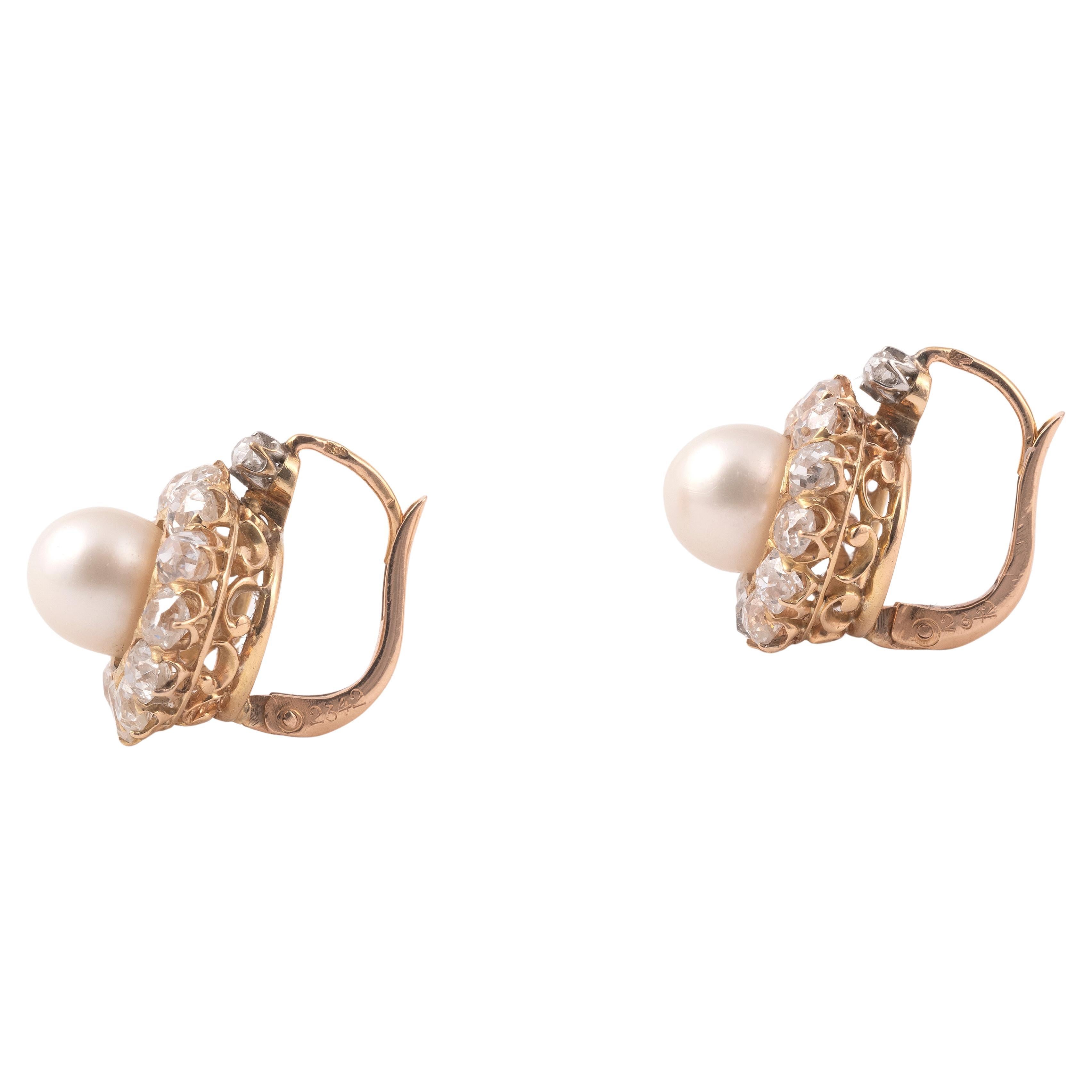 Old European Cut Natural Saltwater Pearl And Diamond Cluster Earrings Late 19th Century For Sale