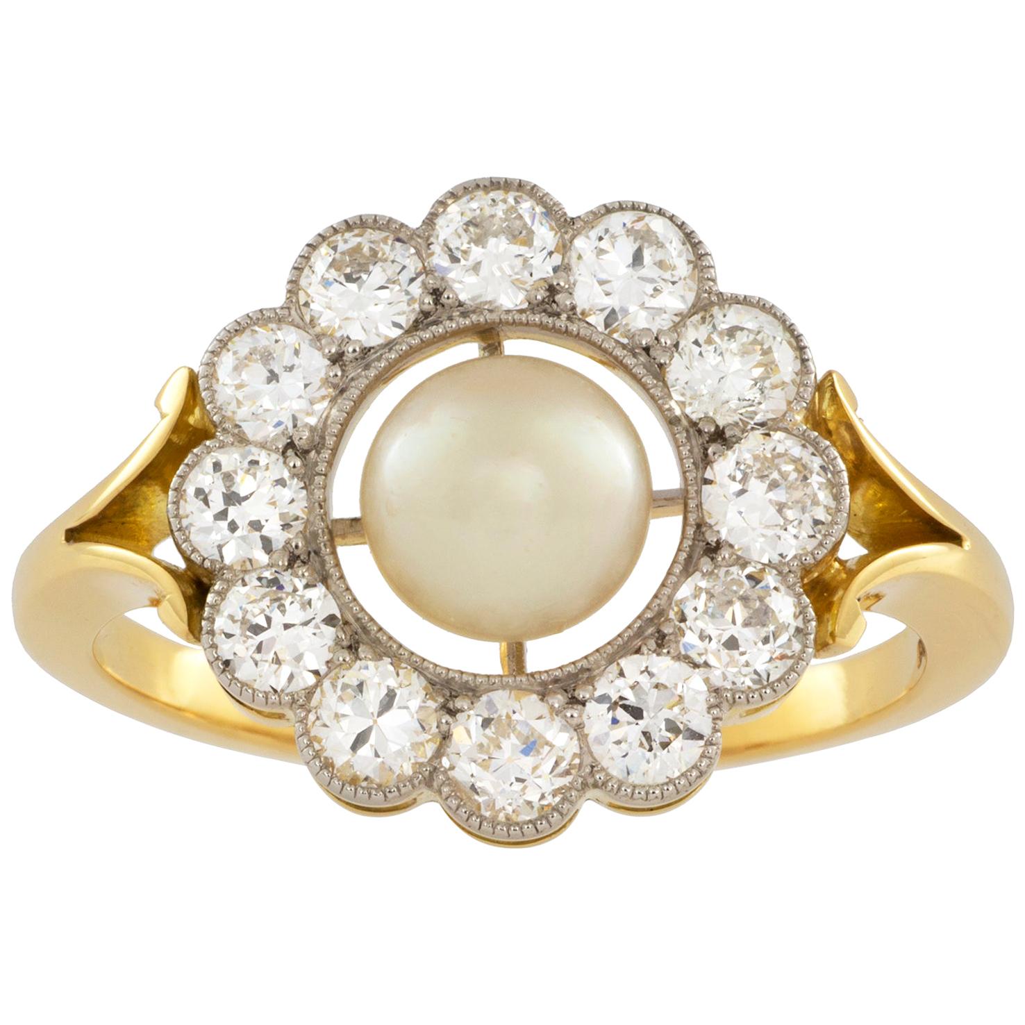 Natural Pearl and Diamond Cluster Ring For Sale