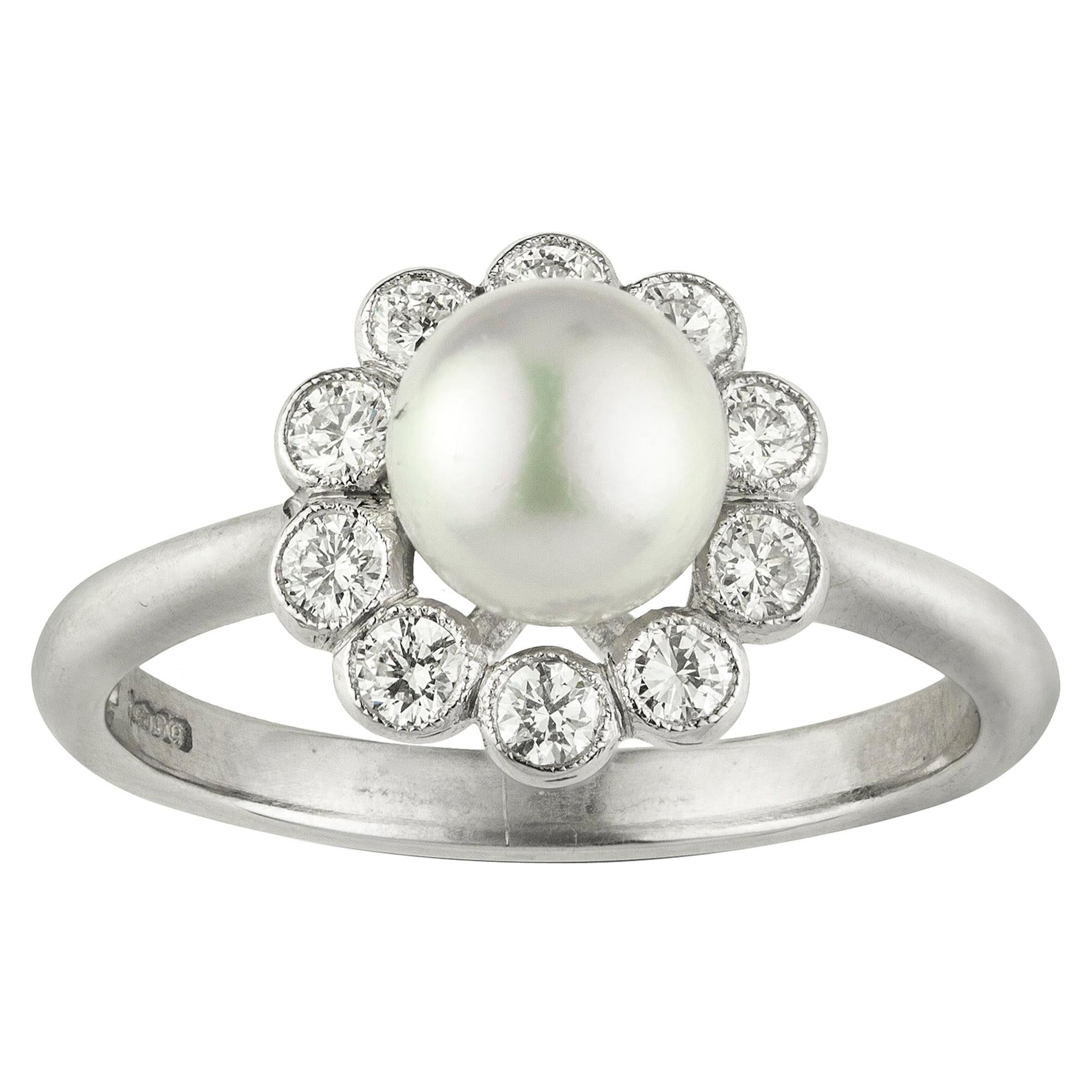 Natural Pearl and Diamond Cluster Ring For Sale