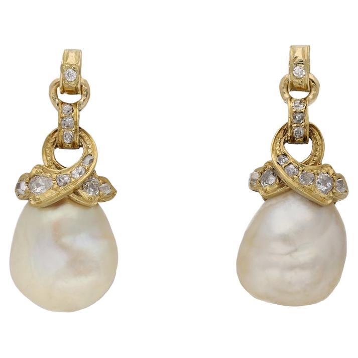 Natural pearl and diamond earrings, circa 1880. For Sale