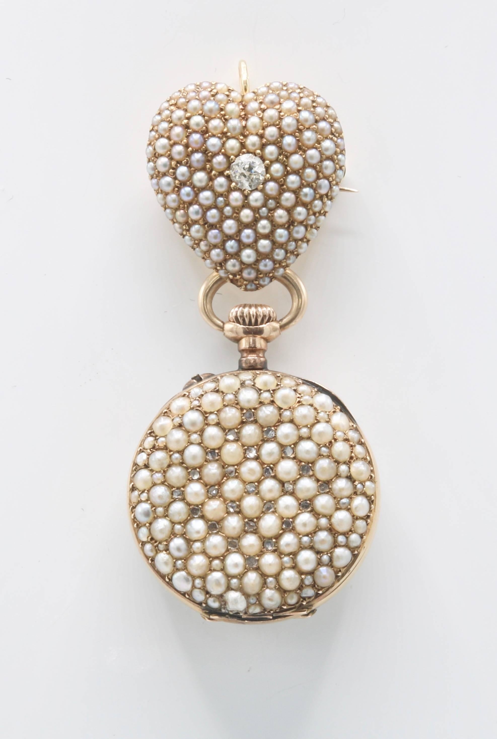 Natural Pearl and Diamond Pendant and Brooch Lapel Watch

Antique 14k Gold 
